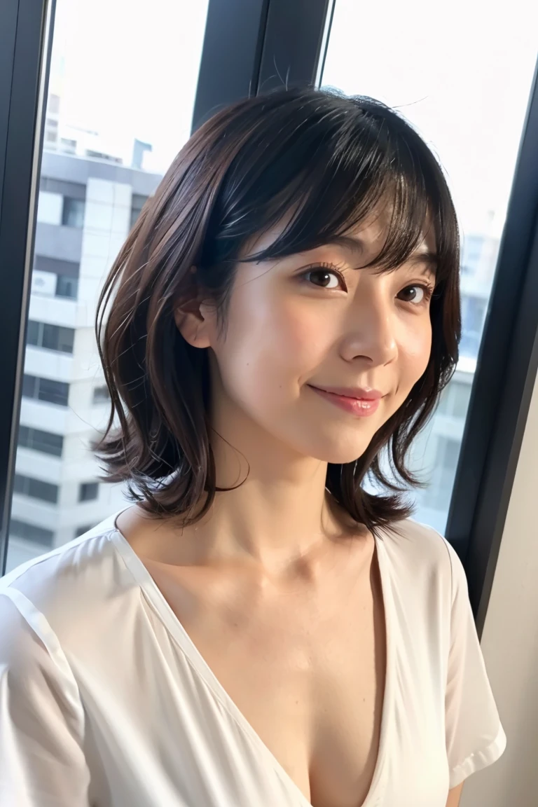 Female in her 30s, very short hair, Face without makeup, silky white skin, sexy, thin waist, navy blue T-Shirt, white wall in background
