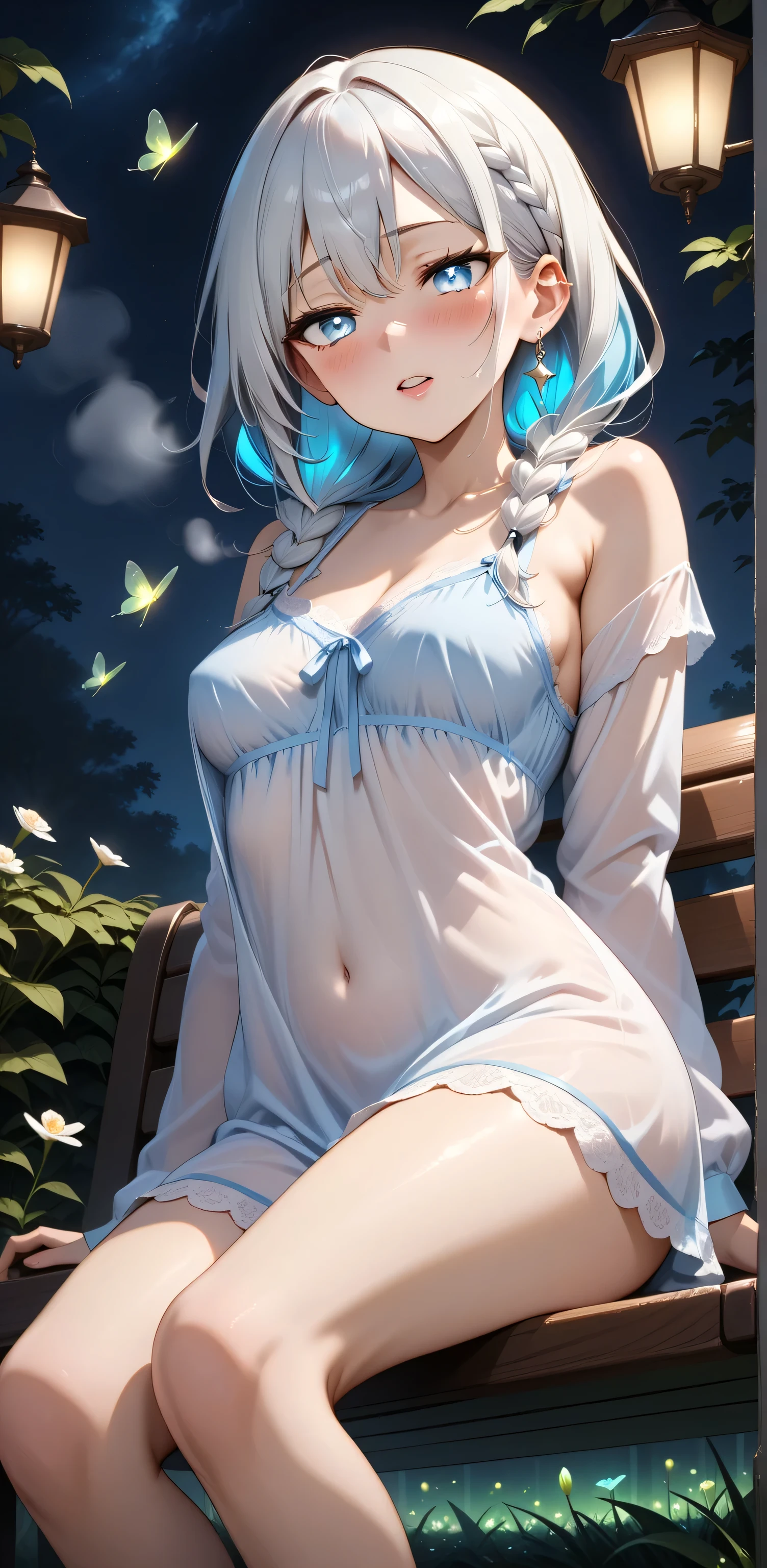  ((Random Sexy pose)), (elegant mature women), ((Ultra detailing)), (very aesthetic, best quality, ultra detailed), intricate details,
1girl, silver hair, Blue inner hair ,braids hair, (((Silver eyes))),((Detailed eyes)), ((Beautifull eyes)), ((prefect eyes)), sharp jawline, long hair, Medium breasts, Orgasm, Licking her lips, Blush, Medium breast, (Nightdress, transparent, Crop top overhang , Short pants, ear ring,),(gasping,heavy breathing, blush),sitting on a park bench low angle view (Background : Leak, night, firefly, Flower)