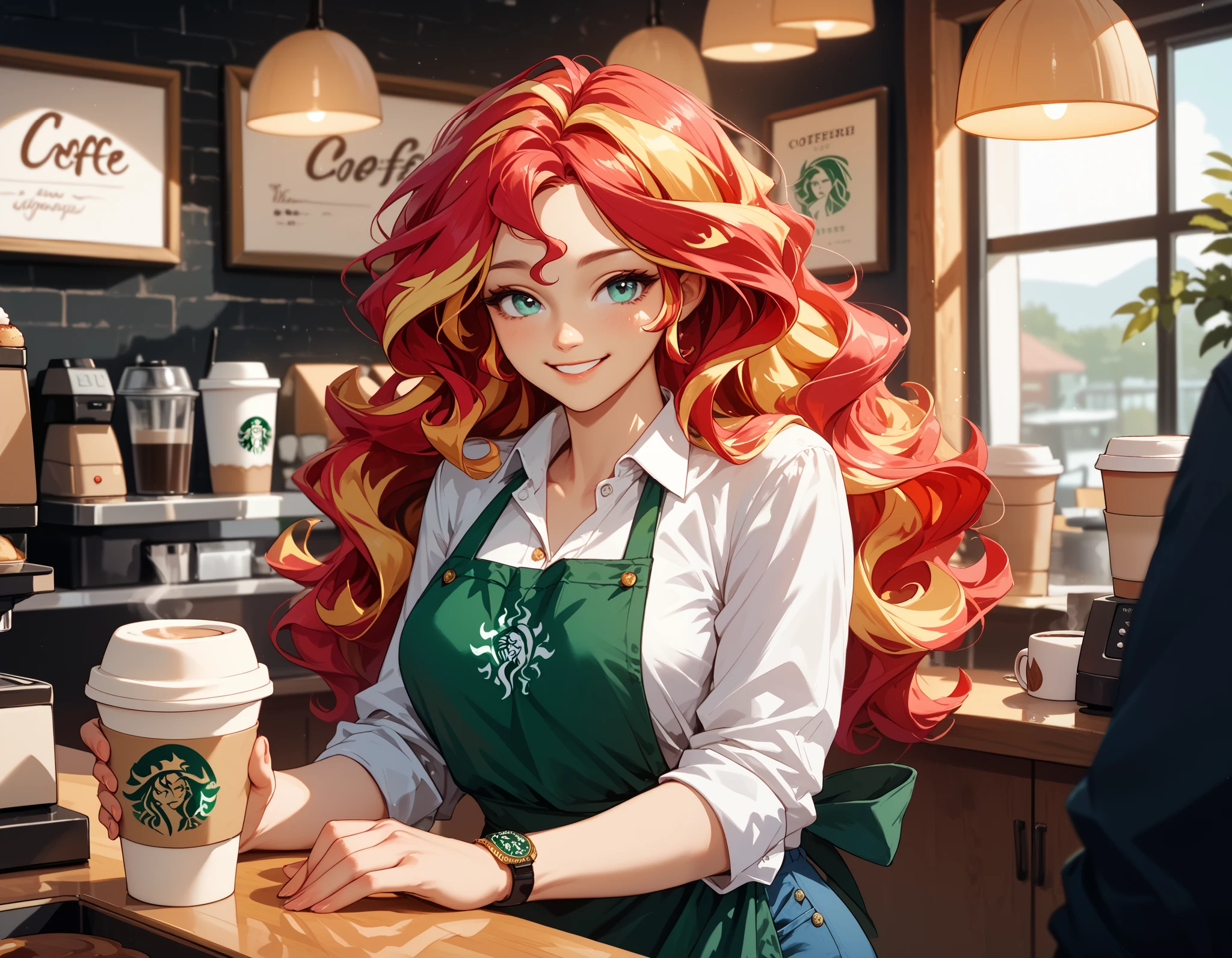 Sunset shimmer, as a barista, standing behind a counter in a coffee shop, wavy hair, bright warm smile, writing a name on a coffee cup, bright, optimistic, white shirt with the top button undone, wearing an apron