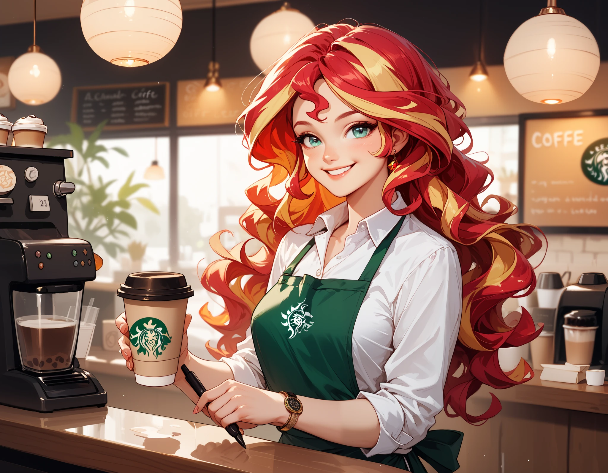 Sunset shimmer, as a barista, standing behind a counter in a coffee shop, wavy hair, bright warm smile, writing a name on a coffee cup, bright, optimistic, white shirt with the top button undone, wearing an apron