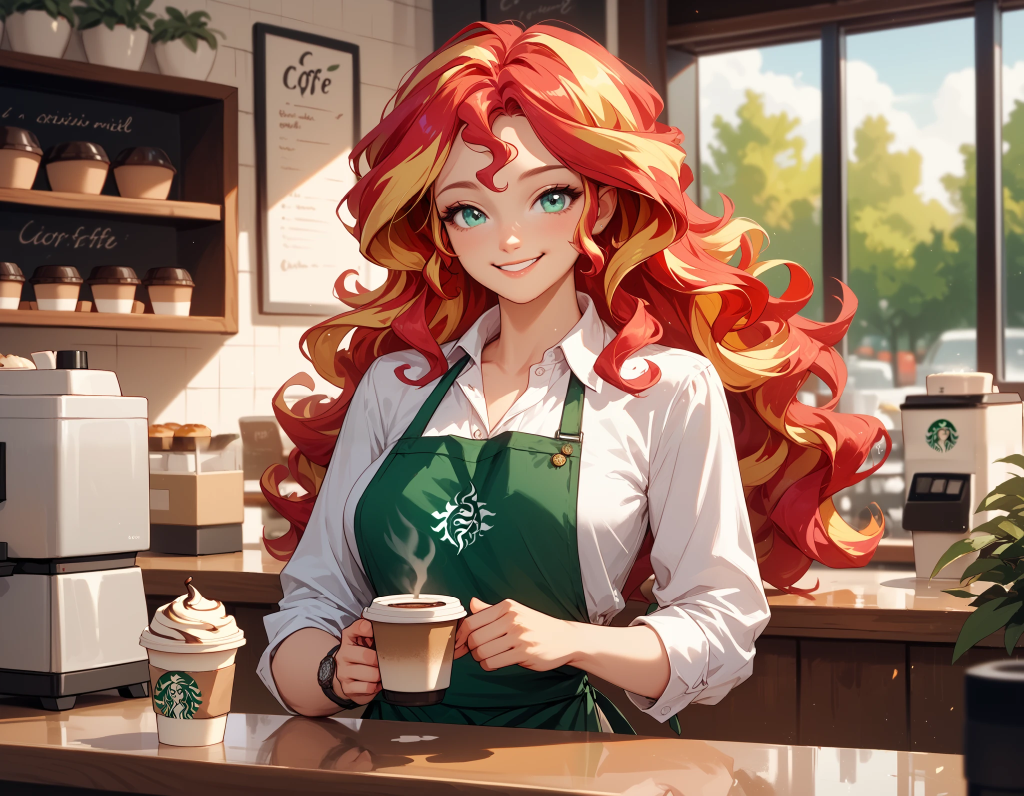 Sunset shimmer, as a barista, standing behind a counter in a coffee shop, wavy hair, bright warm smile, writing a name on a coffee cup, bright, optimistic, white shirt with the top button undone, wearing an apron