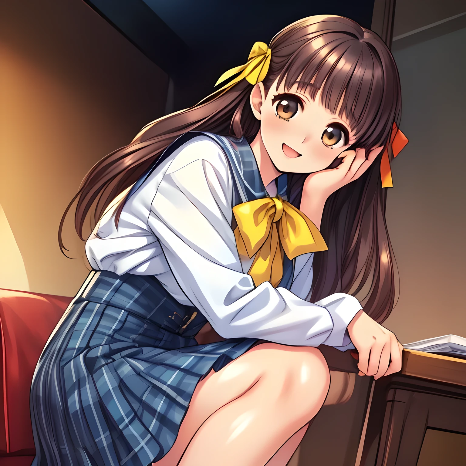 (highest quality, masterpiece:1.2), highest quality, High resolution, 1080p, 8K, Height: 160cm, (Noble lady, noble high-quality colorful cover of lady's comic by most popular manga artist, amazingly neat & clean, in peace and neat lovely strong charm: 1.8), (Too cute lady like a love-story comic heroine), (the head is tilted cutely), (laugh in bliss), (Whispering the viewer's subliminal desire secretly to hypnotize the viewer), A very lovely, very noble, pretty and pure beautiful girls. ((Bursting out Laughing very elegantly)), Using expensive whitening cosmetics by cosmetics artist: 1.2), A face that everyone loves, Glossy lips, Even bangs, (Too beautiful blue fascinating shiny (brown eyes) with love to the viewer, with detailed clearly (like girlish comics beautiful lovely heroine): 1.5), ((Black long Hair)), ((long amazingly beautiful straight wavy long hair: 1.5)), (Neat sailor uniform, neat expensive (white silk frilled blouse), (A long, very neat, dark (navy blue) (tartan-checkered pleated (dark-blue) skirt)), (too pretty shiny light-yellow realistic school ribbon): 1.5), (Extremely lustrous, shiny game heroine lips, laughing open mouth: 0.8), (Ribbon in (black hair), The ribbon is big and very pretty, Beautiful black hair like a hair model), (Tight waist, slender like a beautiful fashion model, all the high-school student ladies admire their style: 1.5), (The background is plain black space to emphasize their fascination: 1.6), (The lady knows well about the viewer's super fetishism for school uniforms, inviting the viewer into uniform dream of succubus, and satisfies it completely with her hands and skirts and (laughter giving extreme pleasure) deeply (in the viewer's clear lewd dream): 1.6), (beautiful expensive gorgeous atmosphere which the viewer can't stop being lustful: 1.5), (Take a knees up shot from the side of them: 1.5)