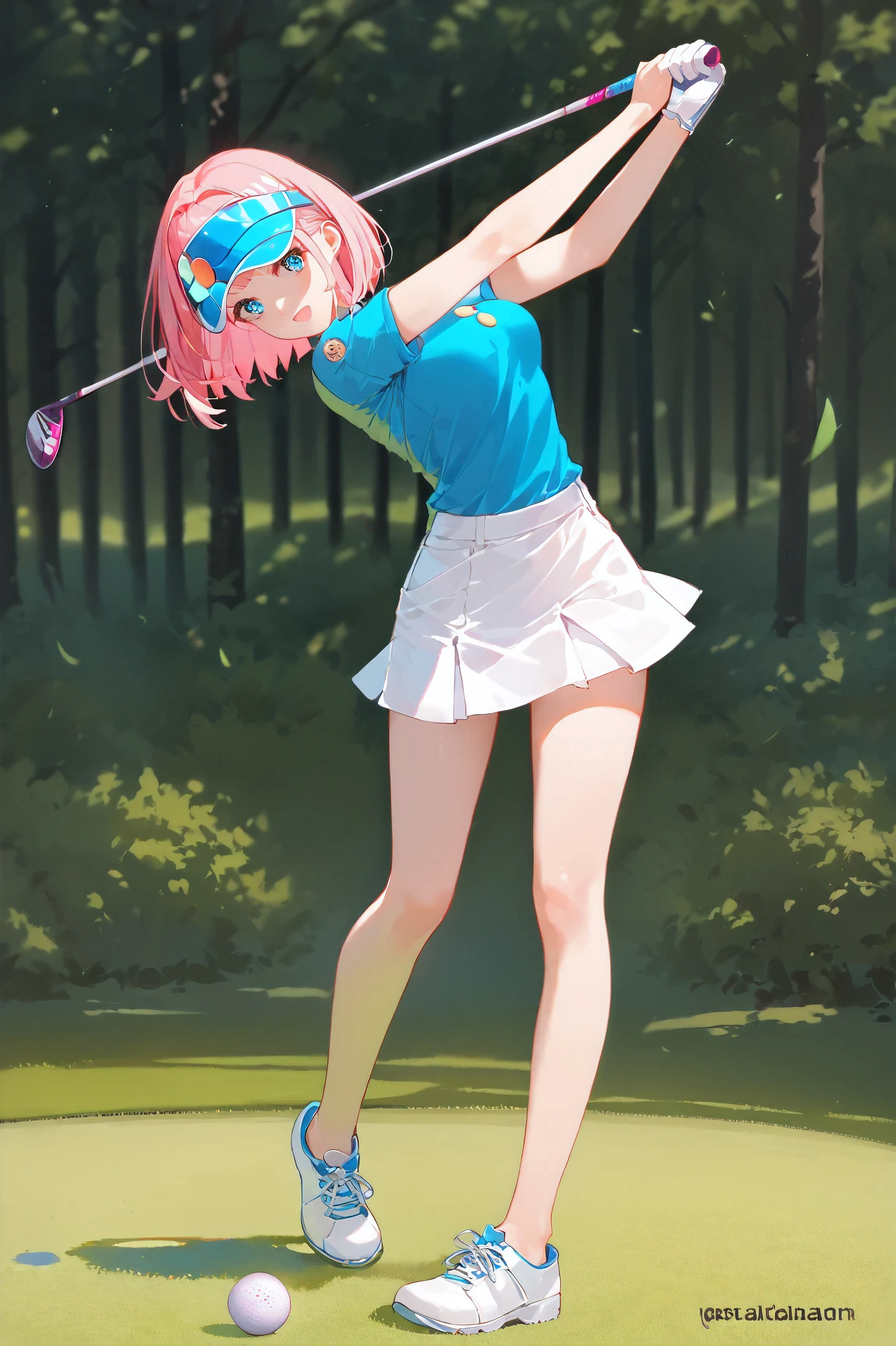  score_9,  score_8_ excellent,  score_7_ excellent, source_Anime,  high resolution images, Masterpiece, top quality, girl, cute face, beautiful skin, shiny hair, with very elaborate eyes, Rainbow Eyes ,  bright pink hair tied on the left and right,  Jojibān, 
NSFW ,  standard breast size ,  She's standing , She is wearing a bright light blue polo shirt , ((She's wearing a white mini skirt  , She's wearing a white golf visor )) , Short Hair, (( from knee to head)), She holds golf clubs with both hands, ((She's hitting a golf ball)),  golf course 


