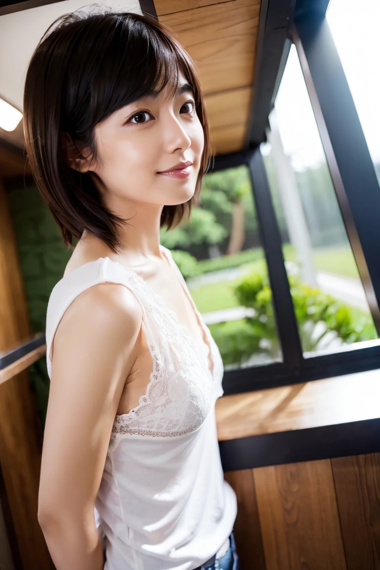 ((8K:1.27)、top-quality、​masterpiece、超A high resolution:1.2)Photo Beautiful Japan woman(pleasing:1.1) (White shirt:1.21) 、Fantasia、detaileds、Geometry、Gradient lighting、1girl in、Delicate skin、looking at the viewers、Brown-eyed、(short hair with bangs:1.2)、(Very small:1.0)、(medium areola:0.8)、(realisitic:1.4)、(top-quality:1.0)、(超A high resolution:1.0)、8K、Raw photography、(​masterpiece:0.2)、(pureerosface_v1:0.5)、 full body Esbian、（Physical education sitting）、Light shines through large windows、Back lighting、Sheer clothing、by the window、Kamimei、excited expressions、Red cheeks、want me、walls、Staring at this、Angle from the side、a necklace、Underpants、Kneeling、knees up、Smile、