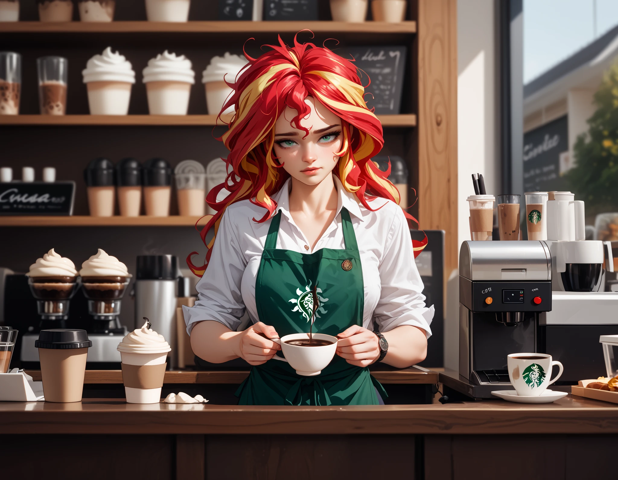 Sunset shimmer, as a barista, standing behind a counter in a coffee shop, messy hair, dour expression, exhausted, writing a name on a coffee cup, dark, bleak, messy white shirt with the top button undone, wearing an apron that has stains on it, smudge on her left cheek, end of the workday