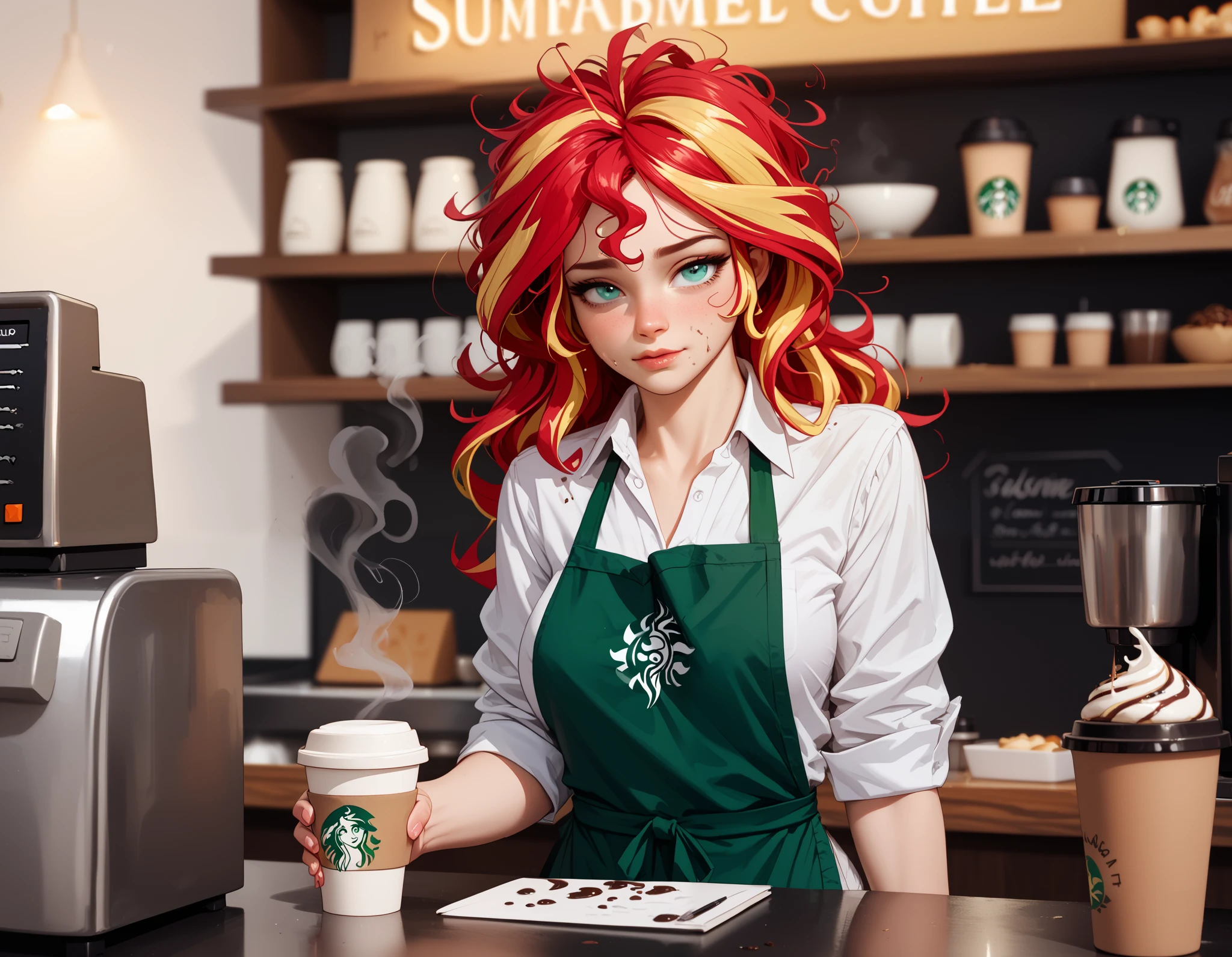 Sunset shimmer, as a barista, standing behind a counter in a coffee shop, messy hair, dour expression, exhausted, writing a name on a coffee cup, dark, bleak, messy white shirt with the top button undone, wearing an apron that has stains on it, smudge on her left cheek, end of the workday