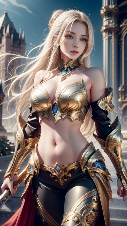 (RAW shooting:1.5, Photoreal:1.5, 8k, highest quality, masterpiece, ultra high resolution), medieval europe, world of magic and swords, perfect dynamic composition:1.2, Mysterious:1.3, Highly detailed skin and facial textures:1.3, cute and sexy slim female warrior, beautiful and aesthetic:1.1, cute and sexy beauty, perfect style, wear elaborate rings, Pose of raising a large sword:1.2, fire, water, Wind, thunder, ice, Fair skin, very beautiful face, (Medium chest, Chest gap), (embarrassing smile, The expression on your face when you feel intense caress, Facial expression when feeling pleasure), (sexy gold metallic armor:1.1, off shoulder, Navel exposure), (beautiful blue eyes, Eyes that feel beautiful eros:0.8), (Too erotic:0.9, Bewitching:0.9), full body shot, Ancient castle in the background