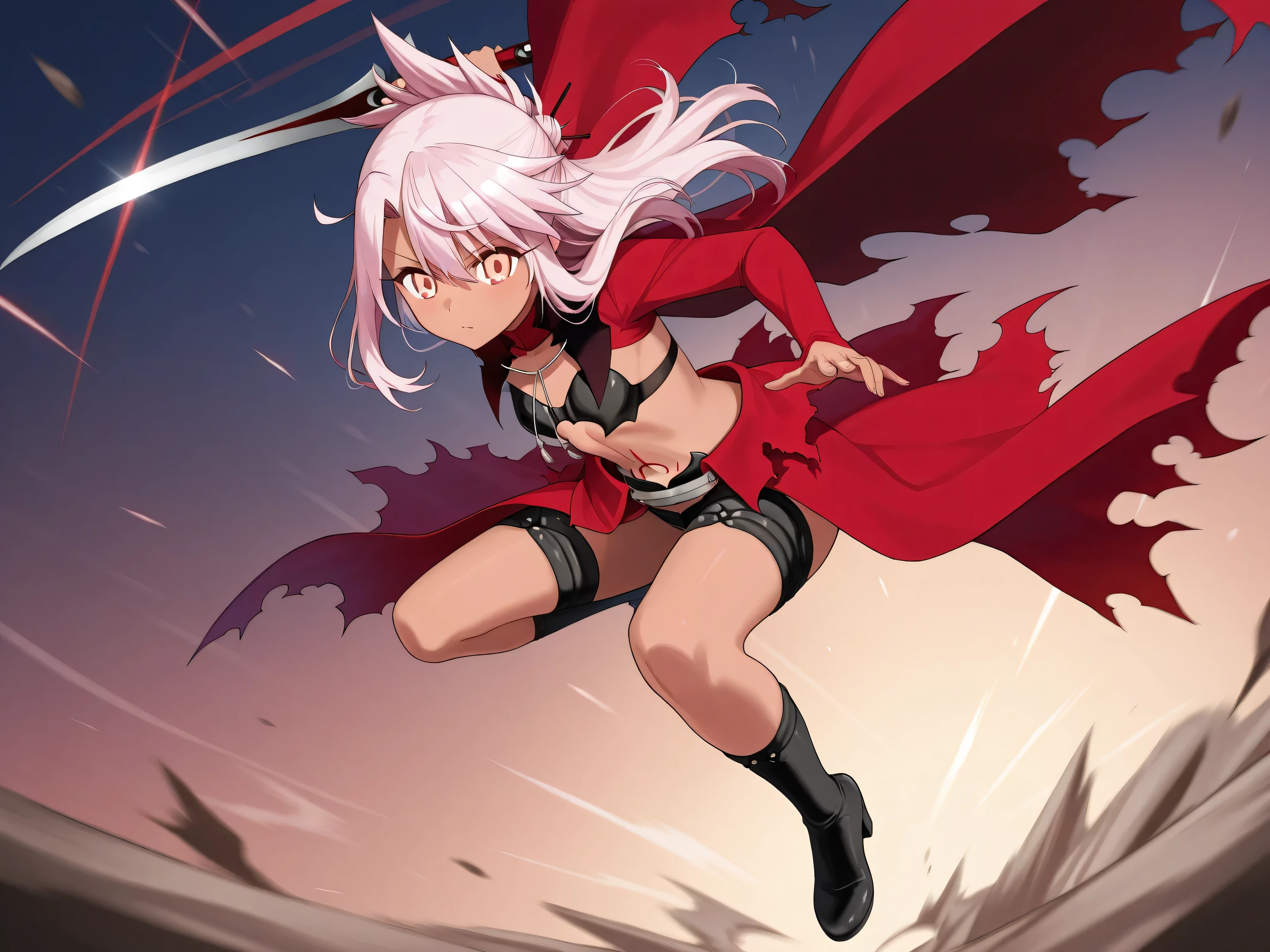 1girl, solo, Chloe von Einzbern, fate grant order, two blade, Battle stance, jumping in the air
