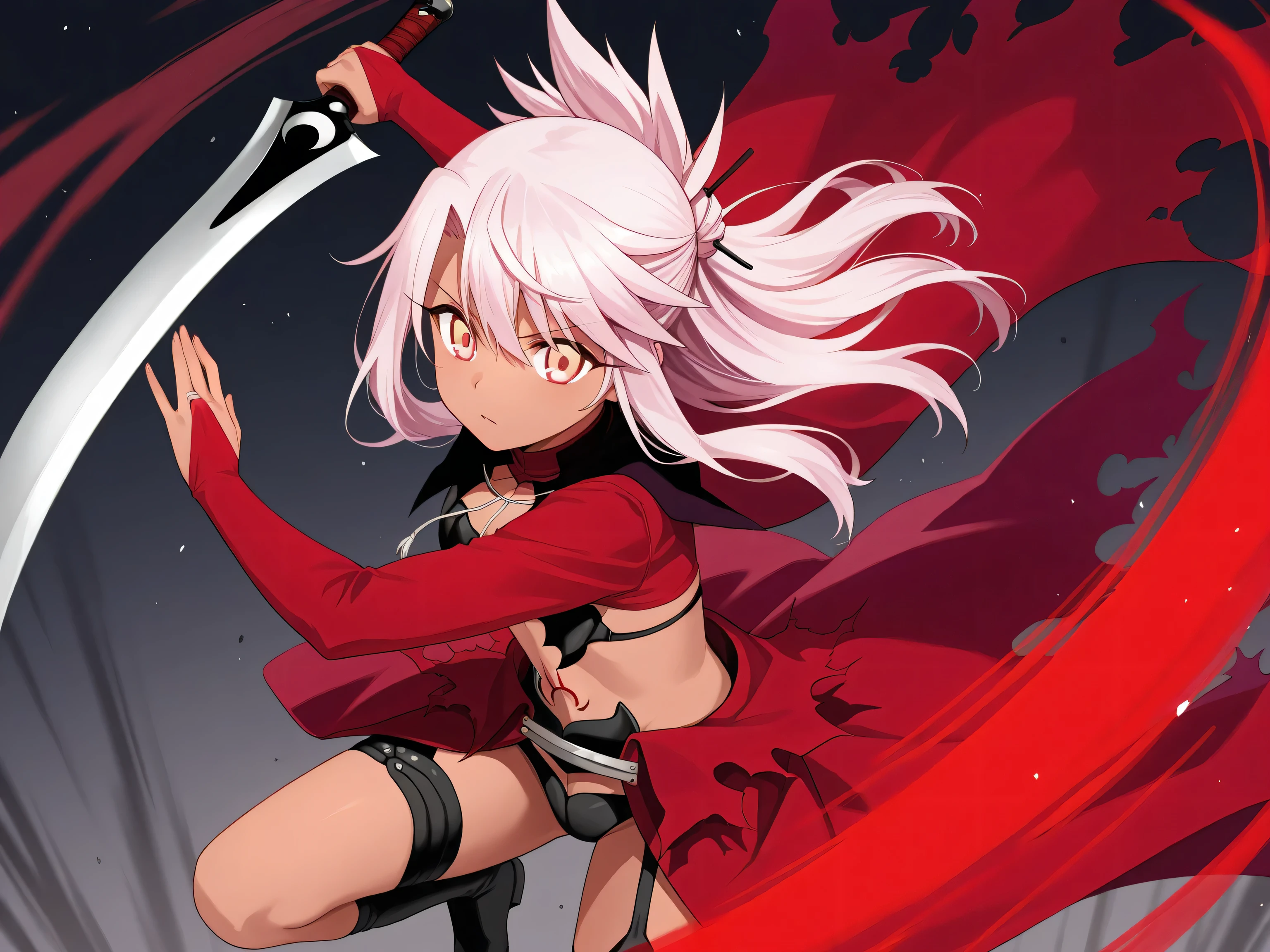 1girl, solo, Chloe von Einzbern, fate grant order, two blade, Battle stance, jumping in the air 