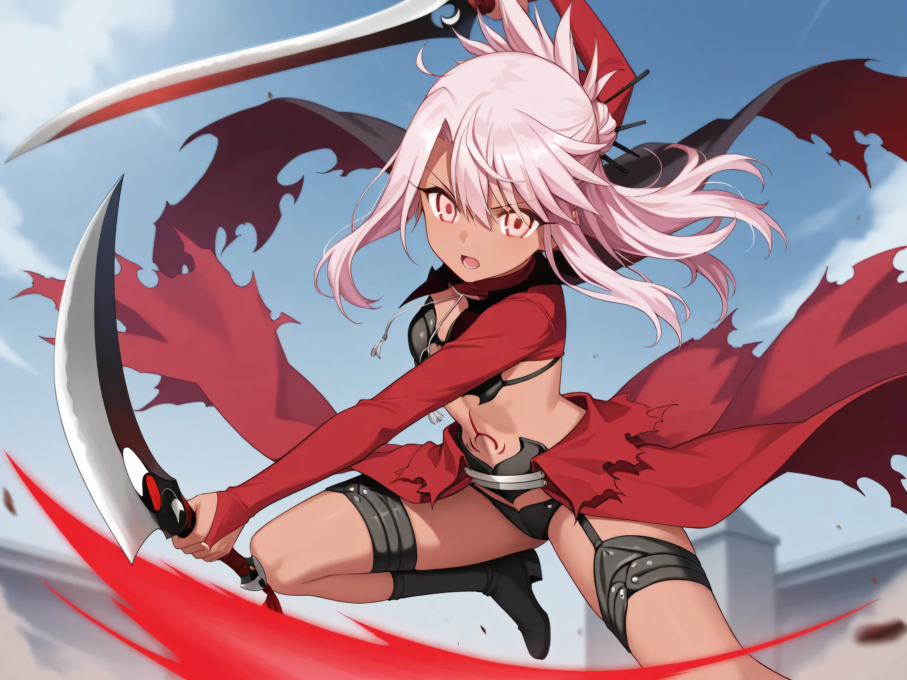 1girl, solo, Chloe von Einzbern, fate grant order, two blade, Battle stance, jumping in the air 