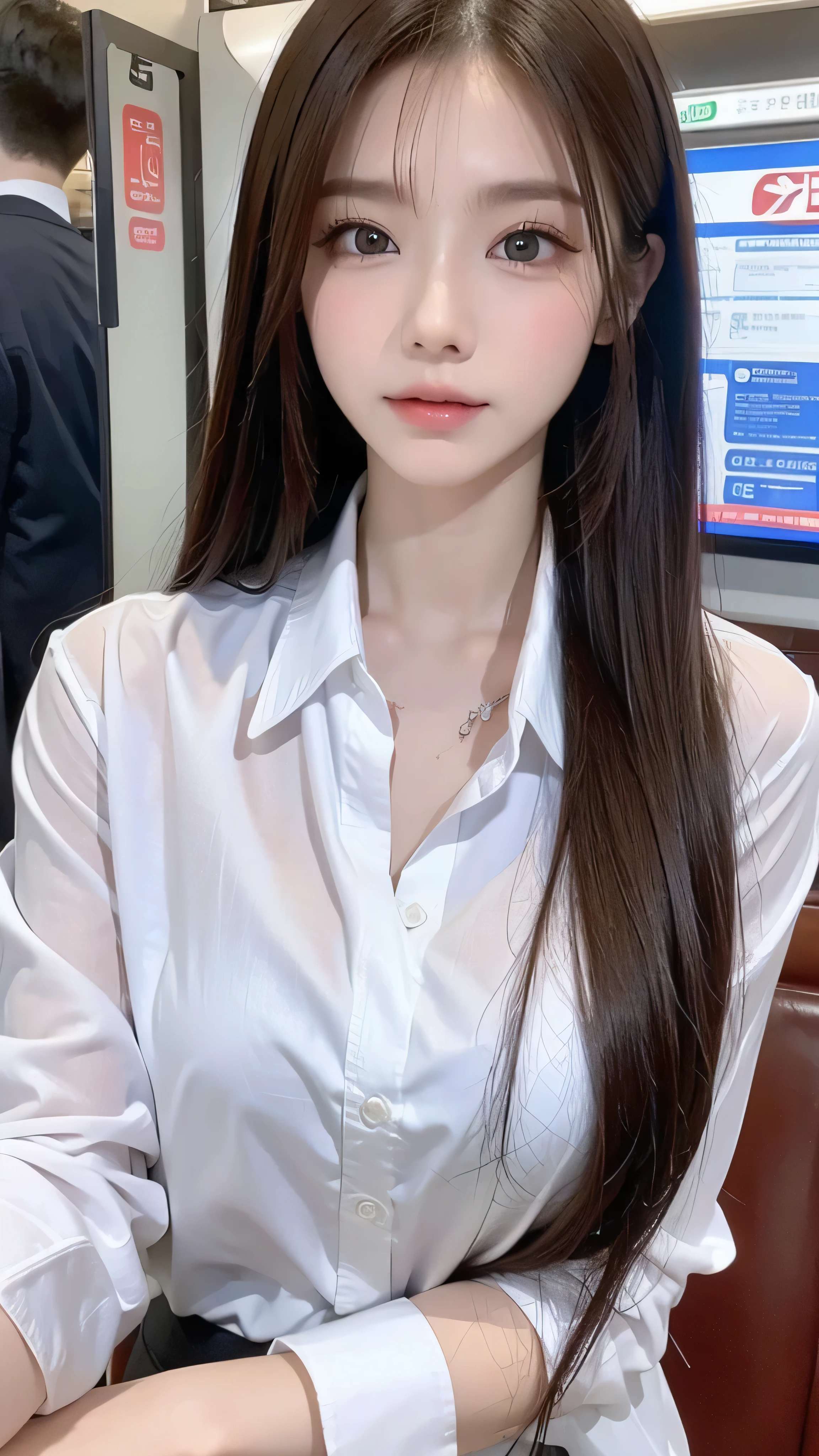 in high definition、 closeup of a woman 。 has long hair and is wearing a white shirt, Face Details , 1 Full body high quality image 19 year old girl , Chen Xintong, Korean girl , Ulzzang, Wenfei Ye , young and pretty Asian face with long black hair and white shirt, lips、(Subway Station)。