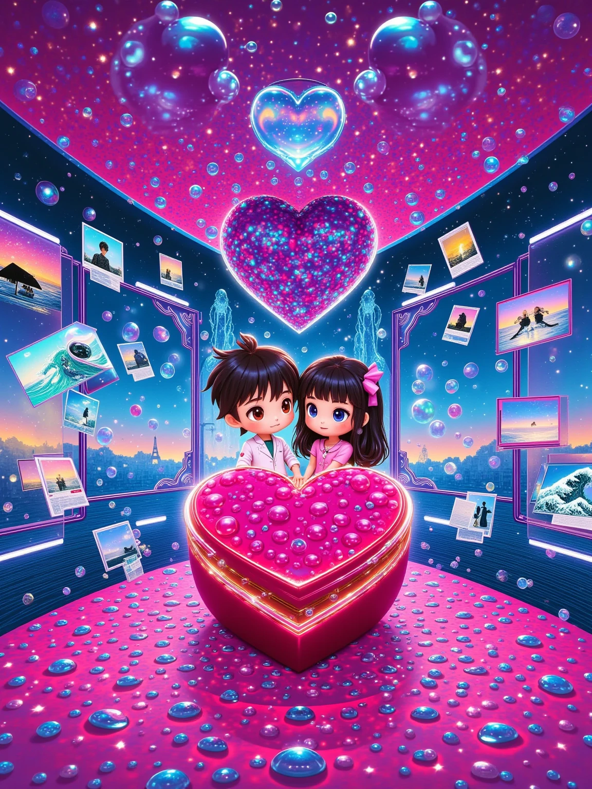  Lowpoly modeling with glitch art effects ，Neon blue and purple main color 。 Cyborg couple wearing light-emitting fiber suits ， floating between holographic skyscrapers 。 boy manipulates a robotic arm to control a floating love data stream ， girls' eye mask projects binary love poem 。The background is full of giant cards and holographic roses， rain reflects neon light on the acrylic surface， LOGO uses a negative space infinity symbol 。