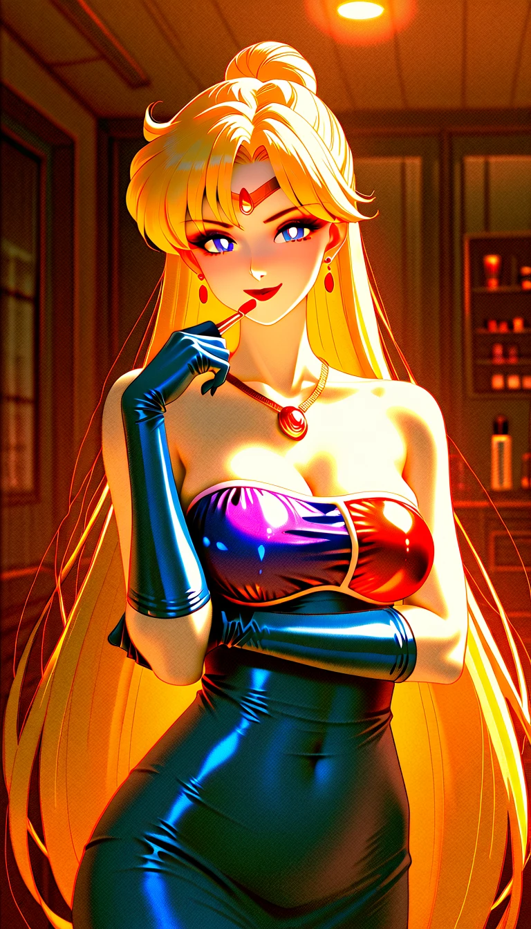 masterpiece, full: 1.3, Standing, 8K, 3d, Practical, Ultra-macro shooting, Top quality, Extreme Detail CG Unity 8K Wallpaper, From below, Intricate details, (1 female), 18 years old, (Sailor Moon supersailormoon mer1, Headdress, Sailor warrior水手: 1.2, Sailor Moon: 1.2), Long hair with shiny double ponytails, Thin and very long straight twin-tailed blonde, Hair Bun, red round hair ornament in a Hair Bun, Sailor warrior, (Blue collar, Blue sailor collar, Blue front miniskirt: 1.3, There is a big red bow on the chest: 1.3, Long white latex gloves: 1.3, Wear red gloves on the elbows, Oversized red bow at waist: 1.1, Cleavage looks huge, 金色Headdress, earrings), (Facial details: 1.5, Bright blue eyes, Pretty Face, beautiful eyes, Shining eyes, Thin lips: 1.5, Thin and sharp pale eyebrows, Long, black eyelashes, Double eyelashes), Luxurious gold jewelry, Thin, Thin and muscular, Small face, Large Breasts, Perfect proportion, Thin waist, Sexy model pose, Visible pores, Charming smile, Perfect hands: 1.5, High Leg Swimsuit, very Thin and fit high-gloss white holographic leather, Octane Rendering, Very dramatic image, Strong natural light, Sunlight, Exquisite light and shadow, Dynamic Angle, Digital SLR Camera, Clear focus: 1.0, Maximum clarity and sharpness, (Space background, moonlight, moon, Dynamic Background, Detailed background)