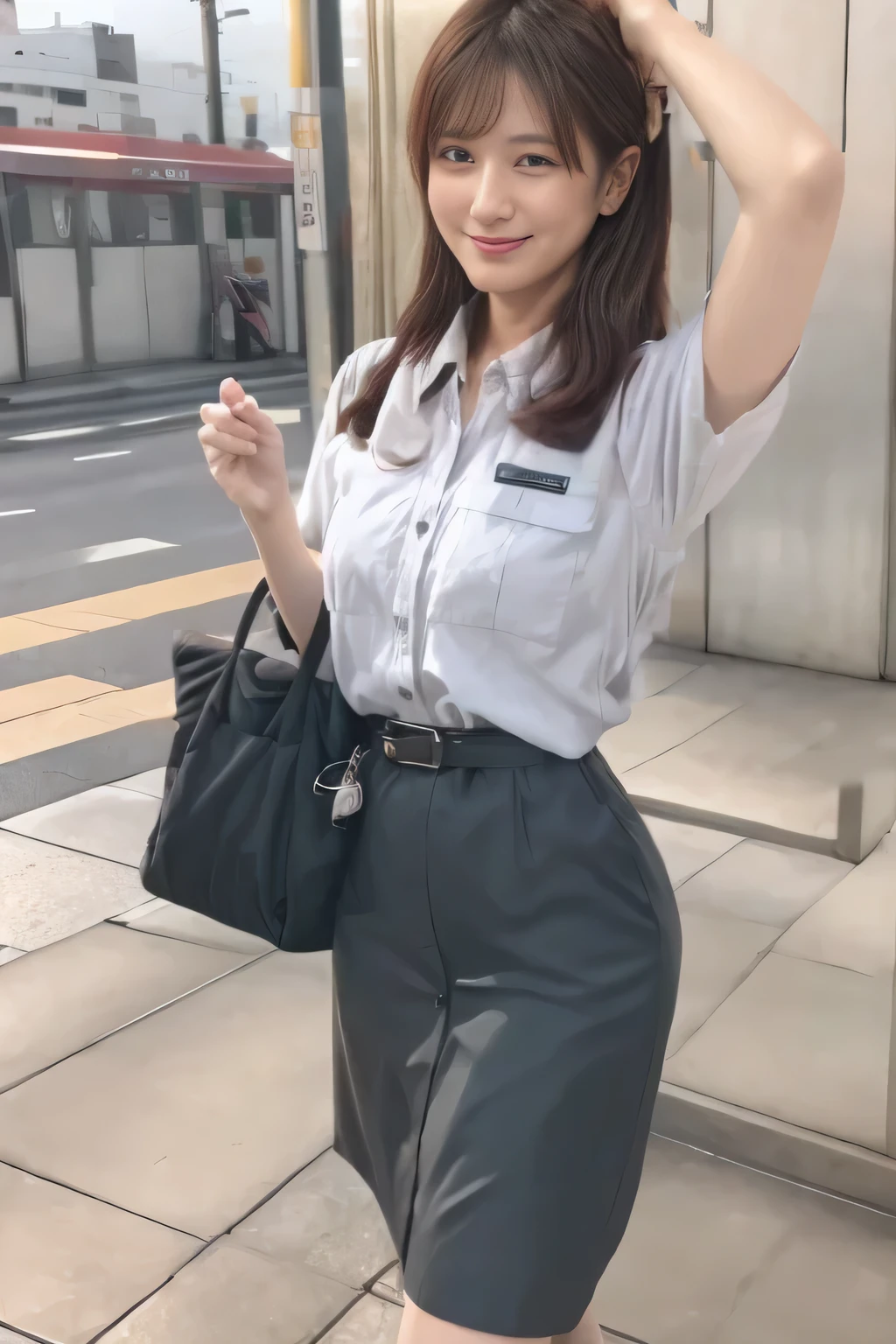 ( Masterpiece:1.2, Top Quality :1.2), 32kHDR, Hi-Res、( Daytime building roof 、 professional lighting)、Building rooftop background、( Tokyo subway woman crew uniform )、( Tokyo subway woman crew uniform blouse short sleeve 、 above knee culotte skirt、 waist belt )、(Long brown hair )、( bun hair with hair tied together )、 thin legs、(( amazing hands:2.0)),((harmonious body proportions:1.5)),((Normal limbs:2.0)),((The usual :2.0)),(( Delicate Eyes:2.0)),((Normal eyes:2.0)))、(Tokyo Subway woman crew uniform above knee culotte skirtを見せた美しい立ち姿) 、 Beautiful standing figure showing a culotte skirt above the knee with one hand on top of the head 、 Shy smile