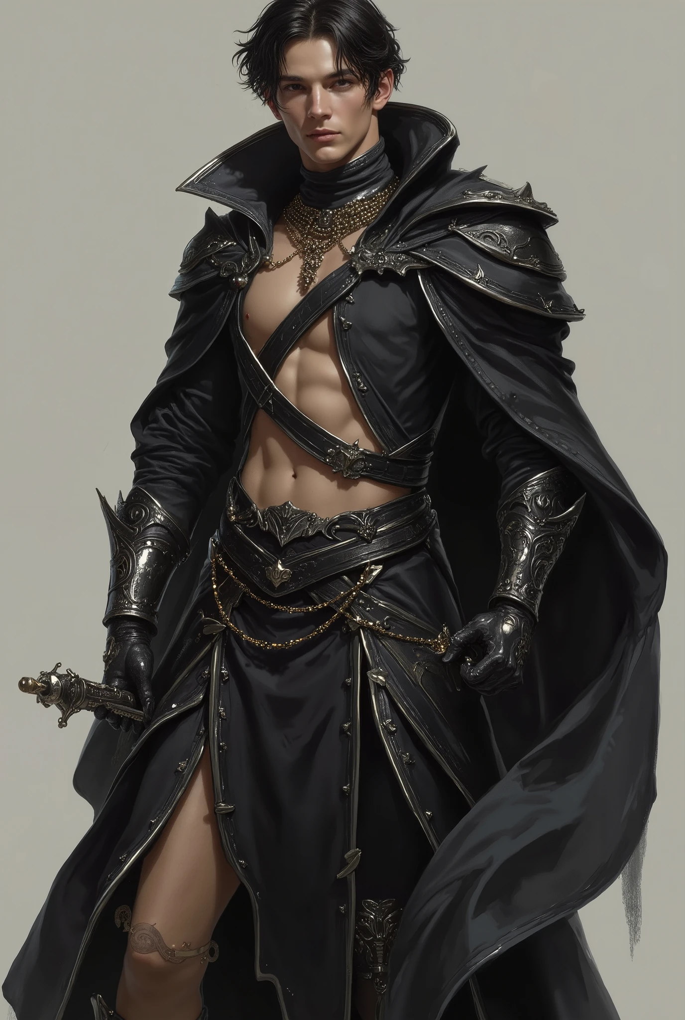 Young wizard man, Handsome, sexy in a jet black outfit, tunic style that leaves your abdomen exposed, with a with saber sword. super shiny cube box in his right hand with his legs exposed, pronounced glutes, delicate appearance