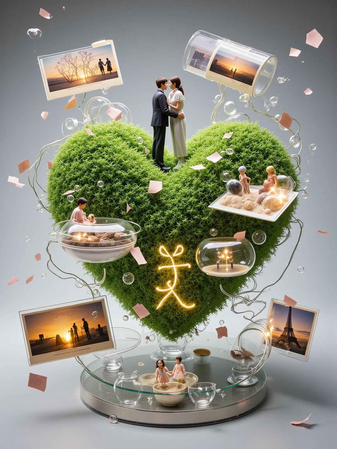 Biodegradable sculpture in Morandi grey-green. Mycelium networks form embracing figures in transparent ecocapsules, fireflies inhabit heart-shaped petri dishes. Living moss spells "2.14", real-time CO₂ conversion rate displayed on screens. Acrylic panels laser-engraved with Book of Songs excerpts.