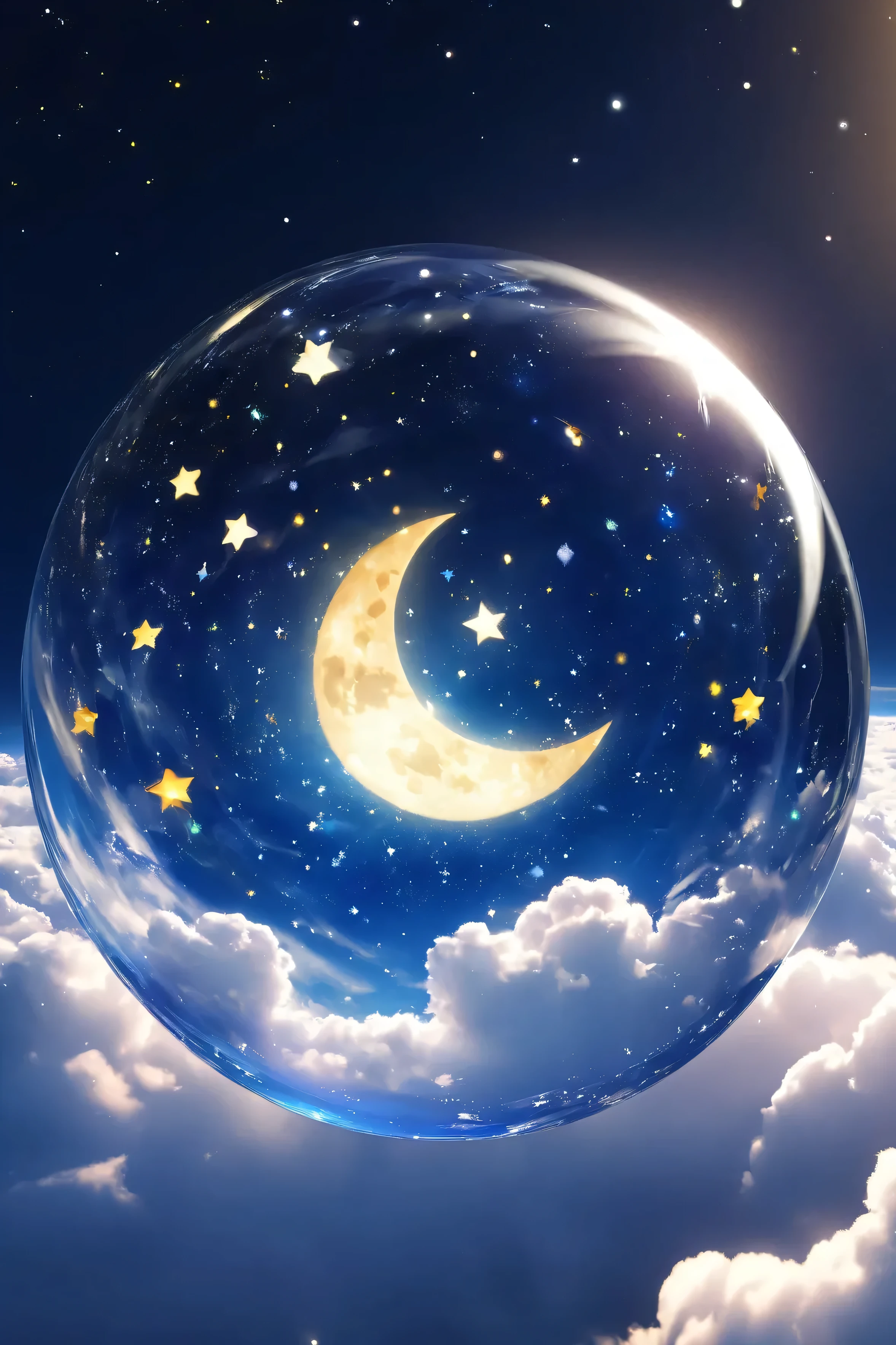 glass sphere、Inside is a dot 々Shining stars 、 beautiful clouds、 Fantastic、 high image quality、night、A very small crescent moon