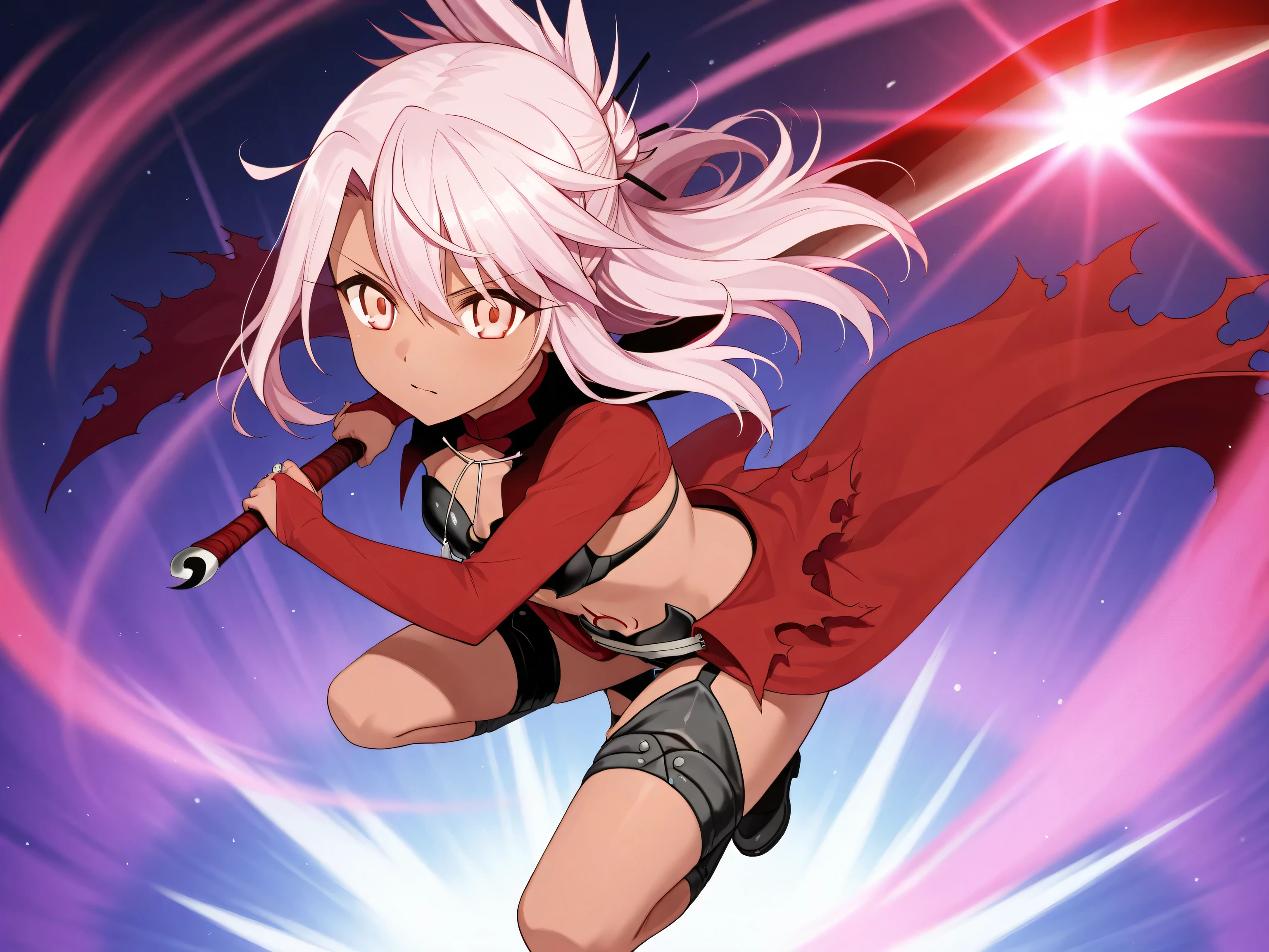 1girl, solo, Chloe von Einzbern, fate grant order, two blade, Battle stance, jumping in the air