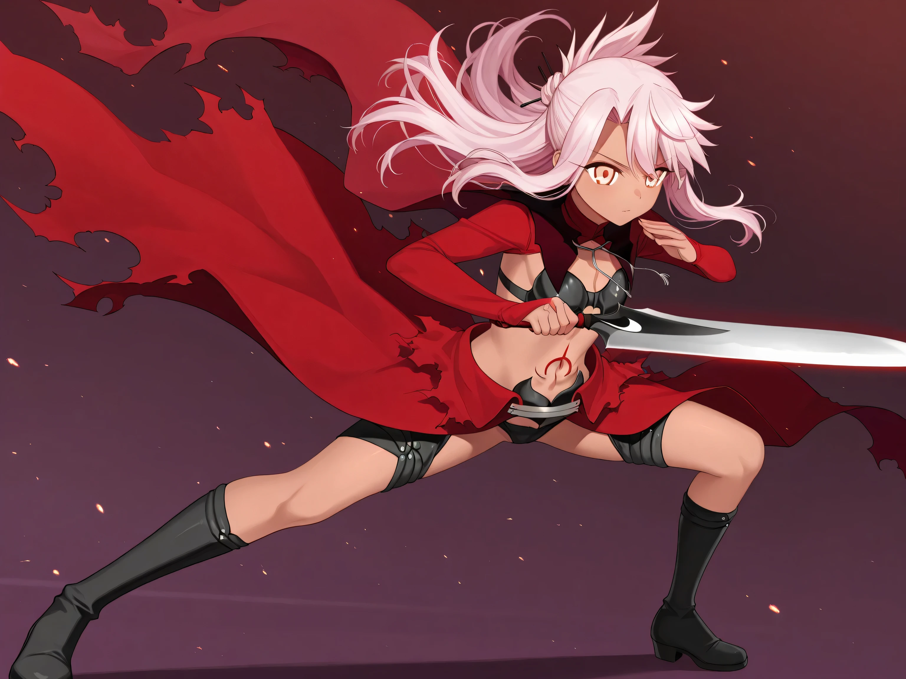 1girl, solo, Chloe von Einzbern, fate grant order, two blade, Battle stance, jumping in the air