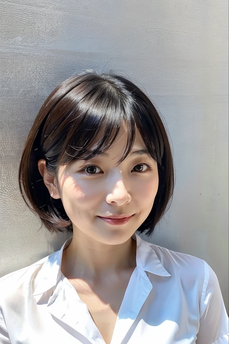 (from below:1.2)、35-year-old Japanese woman with beautiful  and short black hair、whole body、 high image quality、 white shirt 