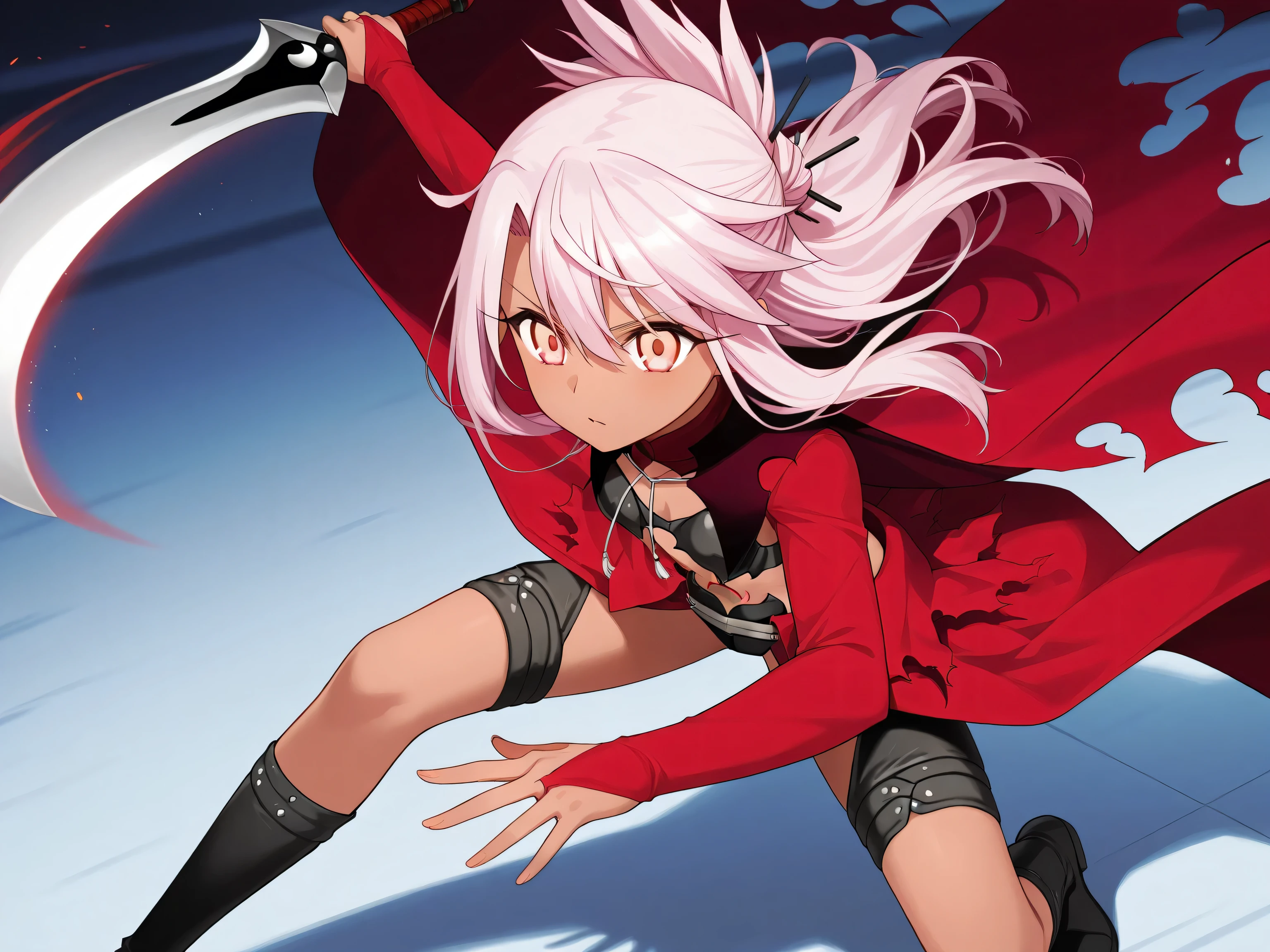 1girl, solo, Chloe von Einzbern, fate grant order, two blade, Battle stance, jumping in the air