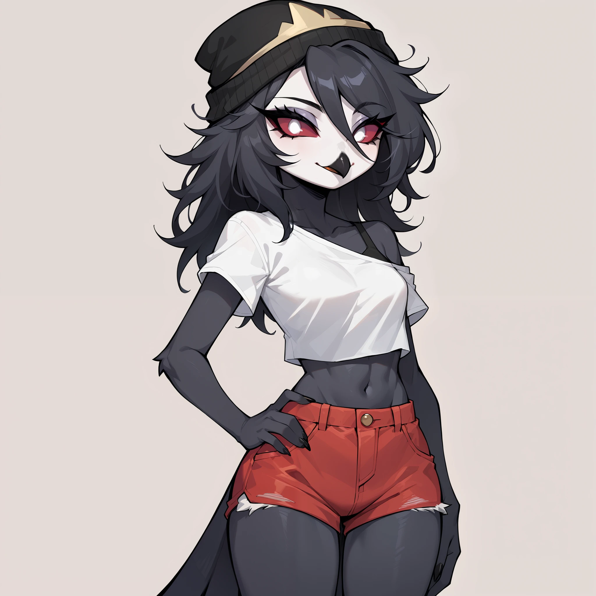 Score_9, score_8_up, score_7_up, source_furry, solo, octavia,female, avian bird demon owl owl_demon, beak, red sclera, feathered tail, long black hair, black feathered body, , white eyes, tall, wearing crop top white shirt, exposed shoulder, small breasts, red short shorts, seductive expression, black eyeliner, simple abstract background, one hand on hip, messy hair, beanie