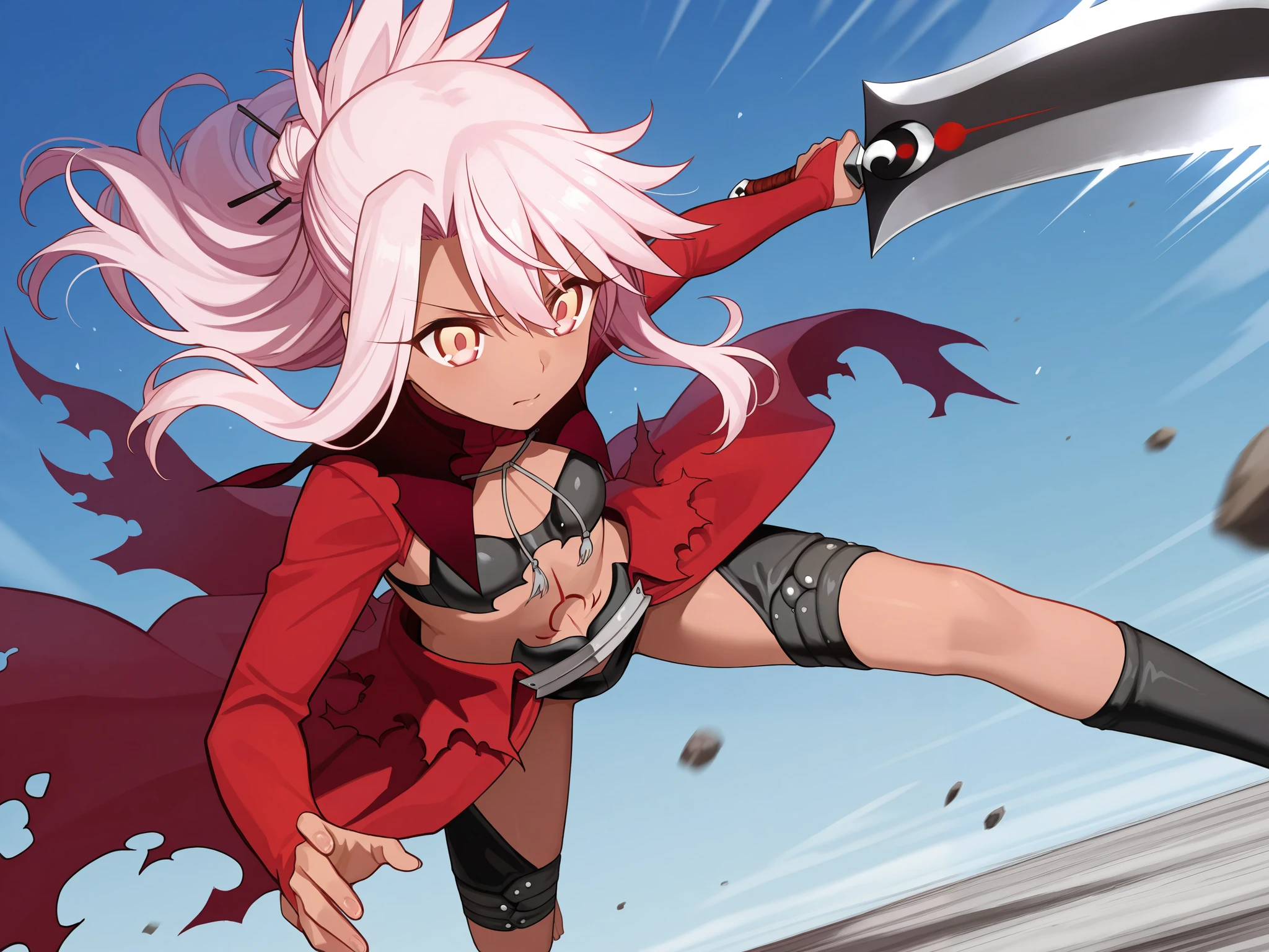 1girl, solo, Chloe von Einzbern, fate grant order, two blade, Battle stance, jumping in the air