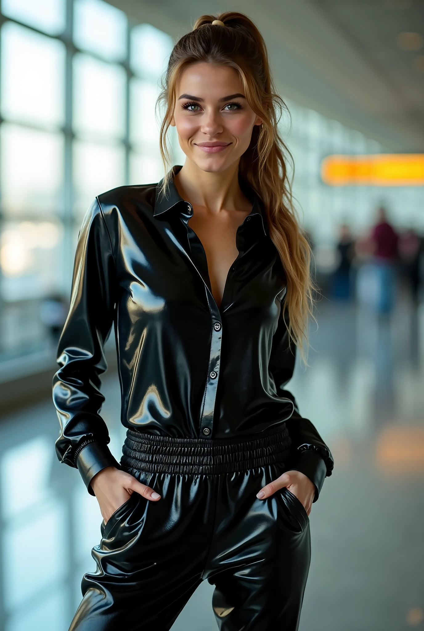 Nikon Z 85mm, Beautiful, one Petite 20-year-old elegant high-class supermodel, ((blond hair)), Bright gray eyes, ((High detailed skin, Skin Details)), Sharp Focus, 8K UHD, Digital SLR, High quality masterpiece, gorgeous russian face,  wearing makeup, photo realistic, ((wearing beautiful leather pant suit and smiling)). Close up. Standing inside a cruise ship.