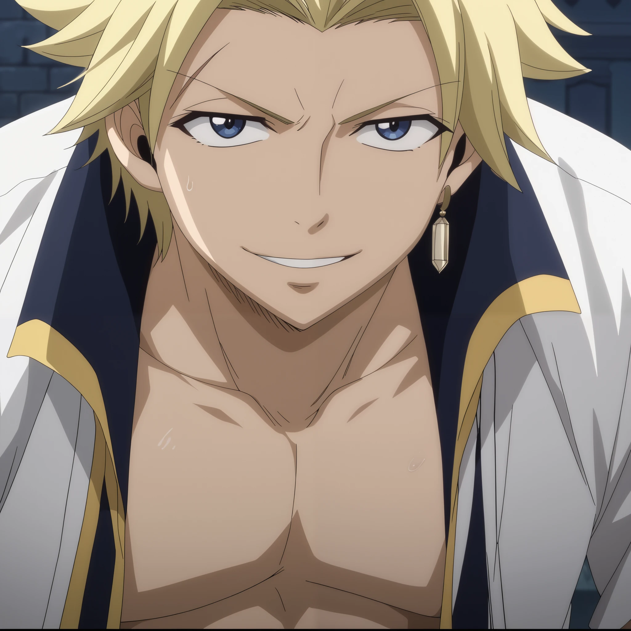 close-up, looking at viewer, score_9, score_8_up, score_7_up, source_anime, StingFT, Sting blonde hair, light yellow Sting, 1boy, male focus, anime screencap, a white men's jacket with black details, which fits his athletic figure. Underneath, he wears a black long sleeved T-shirt. His pants are dark and tight fitting, and he completes the look with white fingerless gloves that add a modern touch. He also usually wears a belt with a decorative buckle. Official style, smile, happy