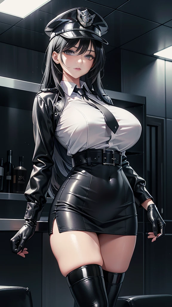 (masterpiece: 1.6, 最high quality), (fine and beautiful eyes: 1.2), (overhead), high quality, beautiful face, 1 girl, Leather tight skirt, Oversized leather jacket, big breasts, long hair, wide hips, (landscaped),background, Detail background, creepy smile, smile at the corner of the mouth, long coat, shirt, tie, office lady,、big cleavage、Hotel、long tits/breasts, ((thin body、thin neck、thin arms、thin legs、thin waist))