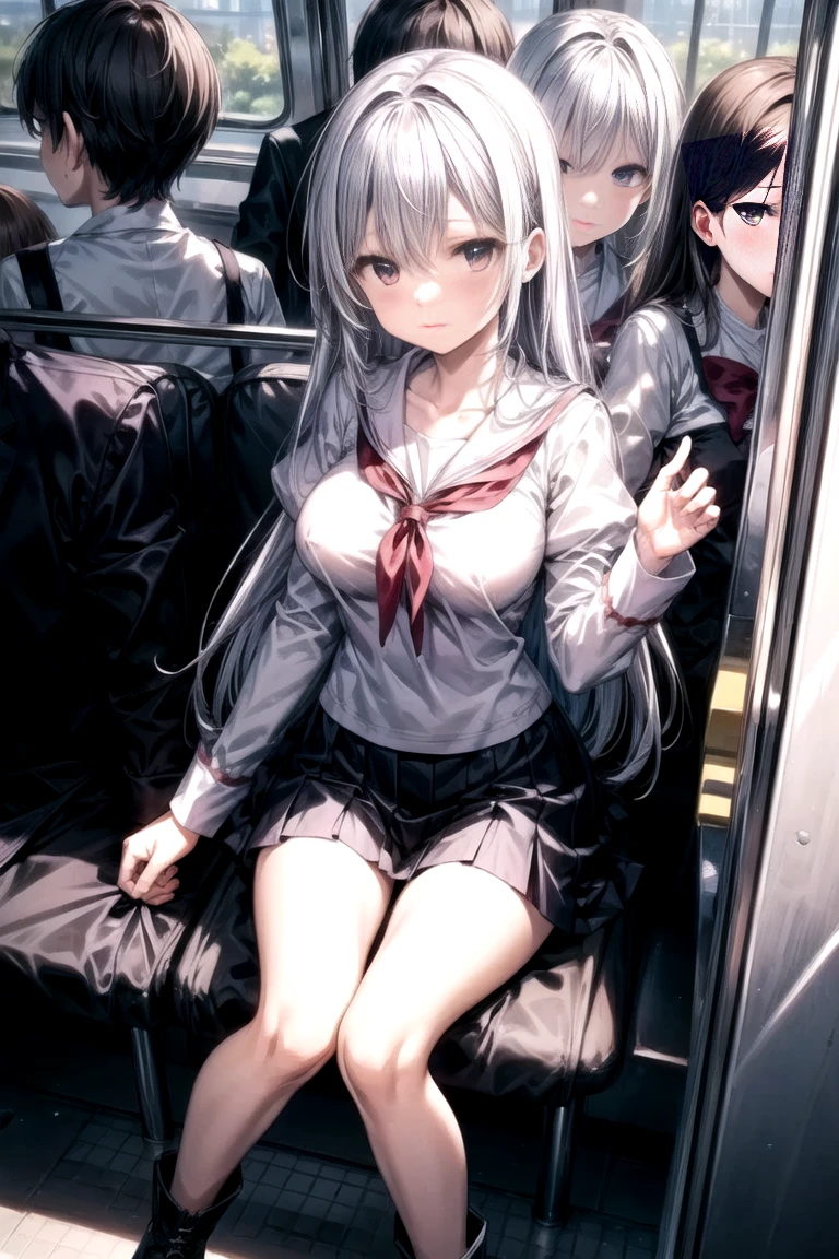 Crowded train、One Woman、Cute Woman、Many passengers、Best image quality、High resolution、masterpiece、super high quality、Lori、Girl ,Silver Hair, Bright Blue Eyes, Mid-chest,Red bow tie, Dark blue pleated skirt, Long sleeve shirt, Dark Blue Vest、Blushing、4K quality、Reached orgasm、Wearing black knee socks、Heavy breathing、From directly below、From directly below、, 1 personの女の子, Raise your arms, 1 person, {{{The guy put his hand on the girl's crotch}}}, Inside the train, Crowded, Crying face、（Affirmative prompts）
(1 Girl)++, (masterpiece)+++, (Highest quality)+++, (Super cute)+++, , (Roll up your shirt), Out of place bra ,arched back, Crowded train,  (Many men standing behind a girl )++, Dynamic pose, Dynamic hand movements, (Grab your chest)+++, A man grabs a woman's arm , (Hands frying), (Floating Hand), (Grab from behind),