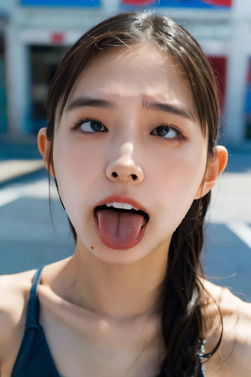 one woman, Korean idol, anguished face , (She opens her mouth wide:1.6), furrows are between her eyebrows, she looks up at the sky, (POV:1.2), composition looking down on her, Composition of the camera shooting from above, On the street , Close-up of face , masterpiece, highres, high-resolution, 8k,8k portrait , realistic, RAW photo, real person, portrait photography, photo realistic, detailed skin, (best quality, Ultra detailed: 1.2),