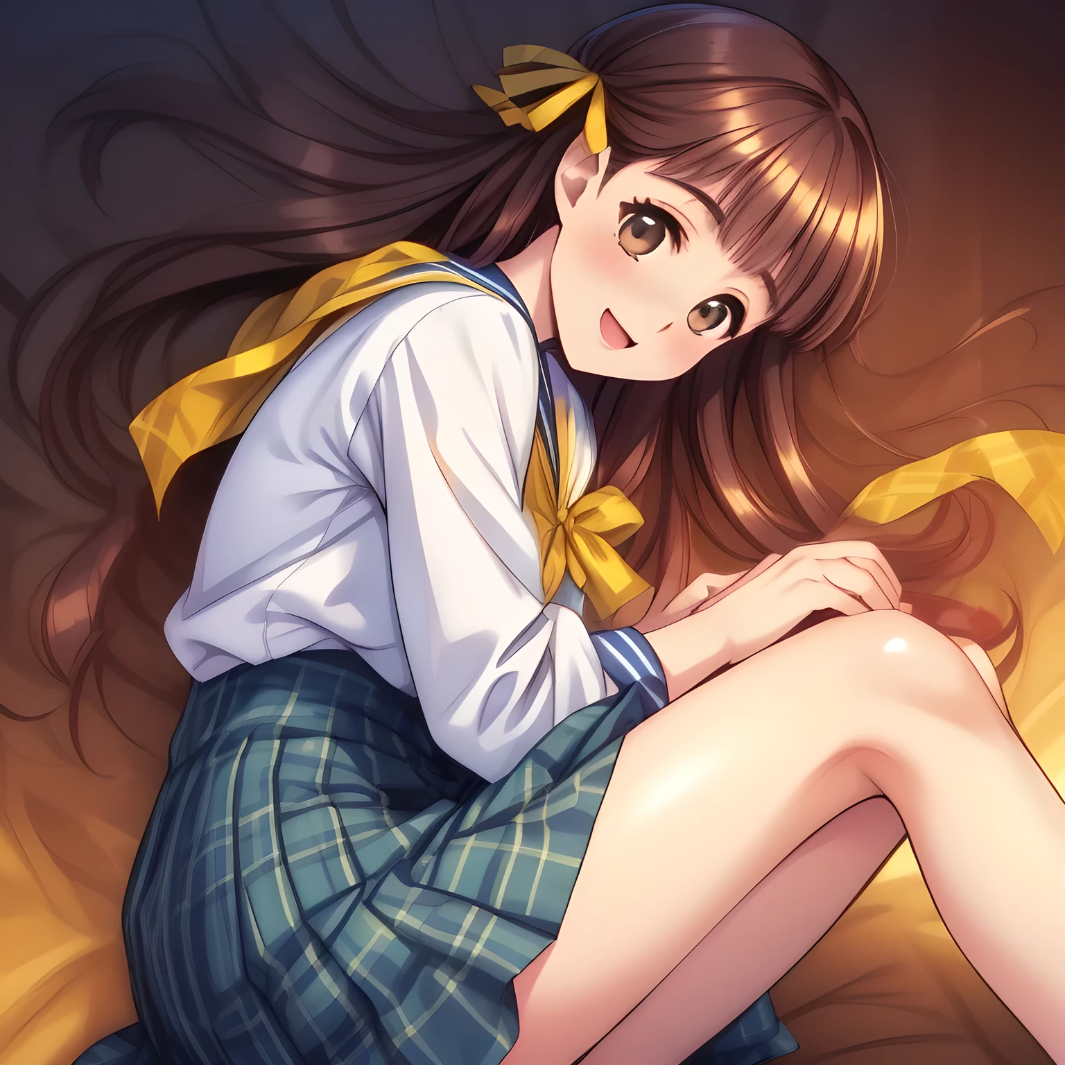 (highest quality, masterpiece:1.2), highest quality, High resolution, 1080p, 8K, Height: 160cm, (Noble lady, noble high-quality colorful cover of lady's comic by most popular manga artist, amazingly neat & clean, in peace and neat lovely strong charm: 1.8), (Too cute lady like a love-story comic heroine), (the head is tilted cutely), (laugh in bliss), (Whispering the viewer's subliminal desire secretly to hypnotize the viewer), A very lovely, very noble, pretty and pure beautiful girls. ((Bursting out Laughing very elegantly)), Using expensive whitening cosmetics by cosmetics artist: 1.2), A face that everyone loves, Glossy lips, Even bangs, (Too beautiful blue fascinating shiny (brown eyes) with love to the viewer, with detailed clearly (like girlish comics beautiful lovely heroine): 1.5), ((Black long Hair)), ((long amazingly beautiful straight wavy long hair: 1.5)), (Neat sailor uniform, neat expensive (white silk frilled blouse), (A long, very neat, dark (navy blue) (tartan-checkered pleated (dark-blue) skirt)), (too pretty shiny light-yellow realistic school ribbon): 1.5), (Extremely lustrous, shiny game heroine lips, laughing open mouth: 0.8), (Ribbon in (black hair), The ribbon is big and very pretty, Beautiful black hair like a hair model), (Tight waist, slender like a beautiful fashion model, all the high-school student ladies admire their style: 1.5), (The background is plain black space to emphasize their fascination: 1.6), (The lady knows well about the viewer's super fetishism for school uniforms, inviting the viewer into uniform dream of succubus, and satisfies it completely with her hands and skirts and (laughter giving extreme pleasure) deeply (in the viewer's clear lewd dream): 1.6), (beautiful expensive gorgeous atmosphere which the viewer can't stop being lustful: 1.5), (Take a knees up shot from the side of them: 1.5)