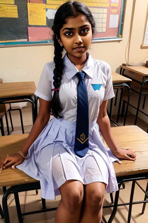 Raw photo , 1 girl ,Wearing white frock and color tie, white shoes, ((teen school girl studying on on in the classroom)), with plait, biggest breasts size , professional photographer, (hdr:1.4), masterpiece, ultra-realistic 8k, perfect artwork, intricate details, cute face, award winning photograph, (Best quality, 8k, 32k, Masterpiece, UHD:1.3) , wearing white shoes and socks , hyper realistic