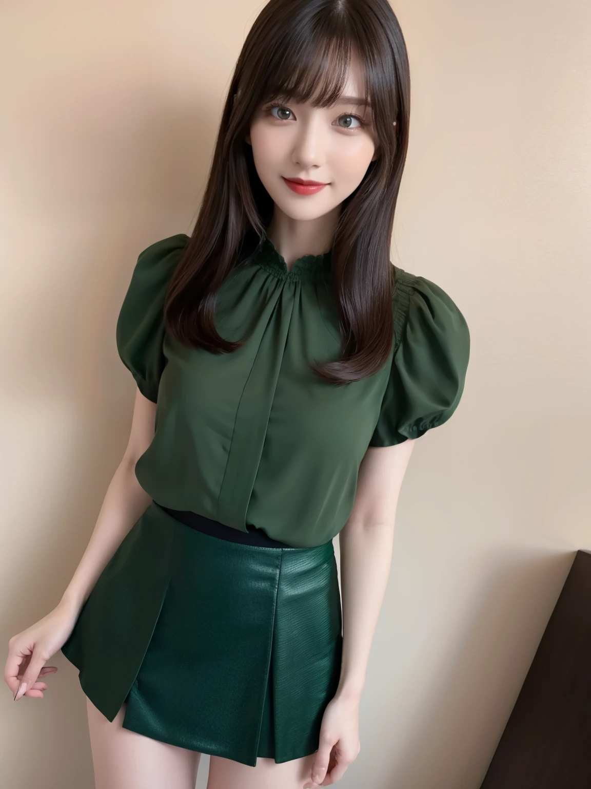 1 girl,(Wearing a dark green short-sleeved camisole blouse with short skirt:1.4),(RAW Photos, highest quality), (realistic, realistic:1.4), Tabletop, Very delicate and beautiful, Very detailed, 2k wallpaper, wonderful, In detail, very detailed CG Unity 8K wallpaper, Very detailed, High resolution, Soft Light, Beautiful detailed girl, Very detailed eyes and face, Beautiful and sophisticated nose, Beautiful and beautiful eyes, Dark pink lipstick, Normal , Cinema Lighting, Sunset spring green aark, Perfect , Slender body, smile, Straight Medium Hair, ((Random body orientation)), Face looking at camera, 28 years old, waist shot,