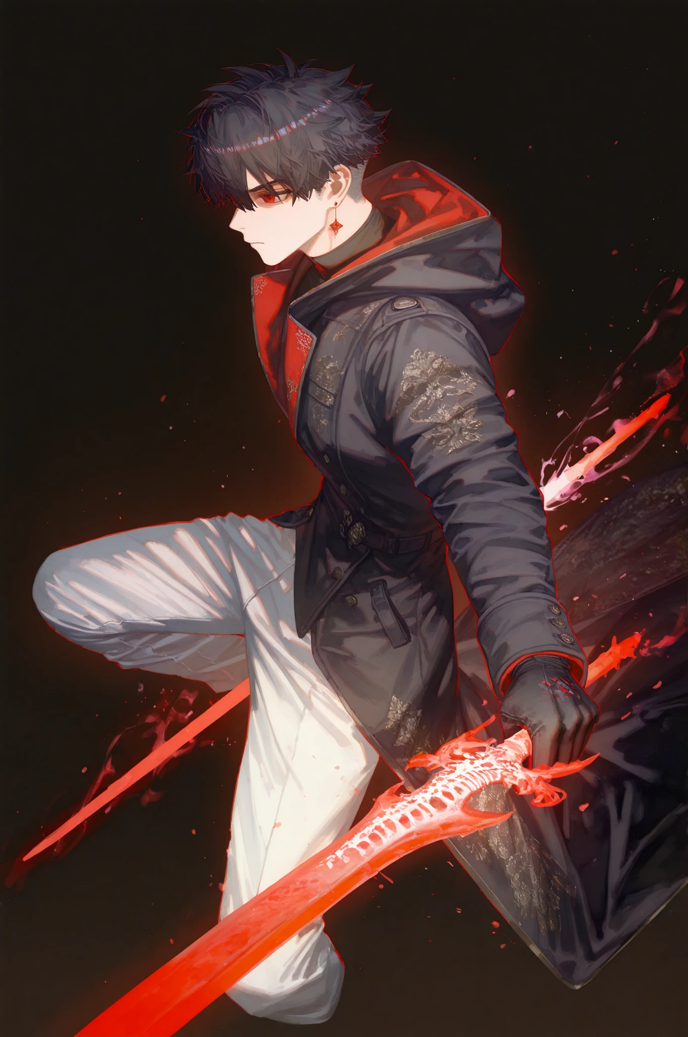 A male god,dark,Black clothes,Dark Ability,short hair,,Black-red tones,((Pure black background))