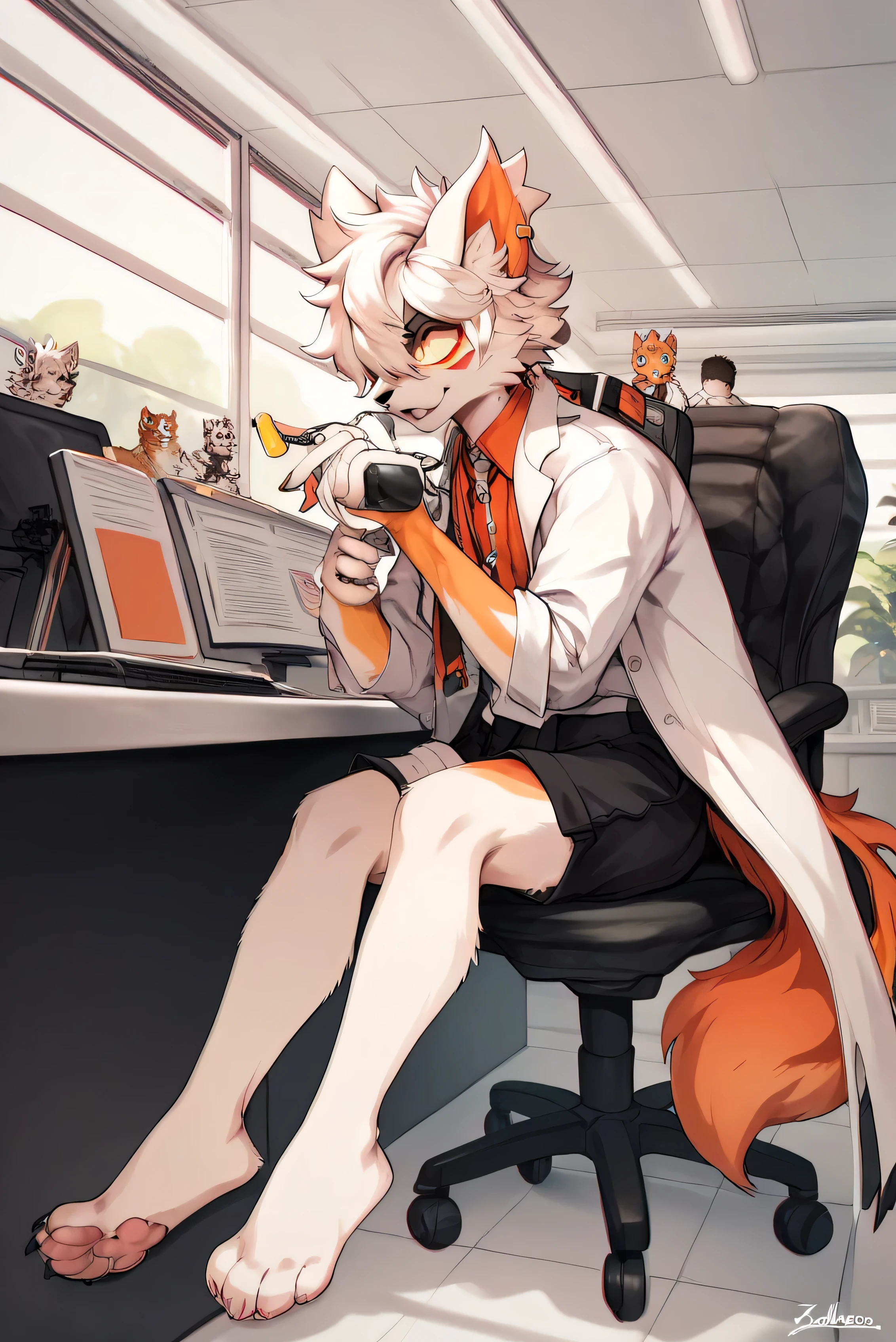 Score_8_up , 4K, ( Japanese cartoon , emer one ld {x} furry, beast, gentle lighting) 1 boy , Laboratory, office, single beast human male feline , looking at the audience , with ambition , Black Nose, slim figure, White hair,, yellow-blue sclera, fluffy tail , slit pup ils, , White Vest , orange mascara , white lab coat , Black shorts , sitting on office chair, paw, pink soles , Black Claw,