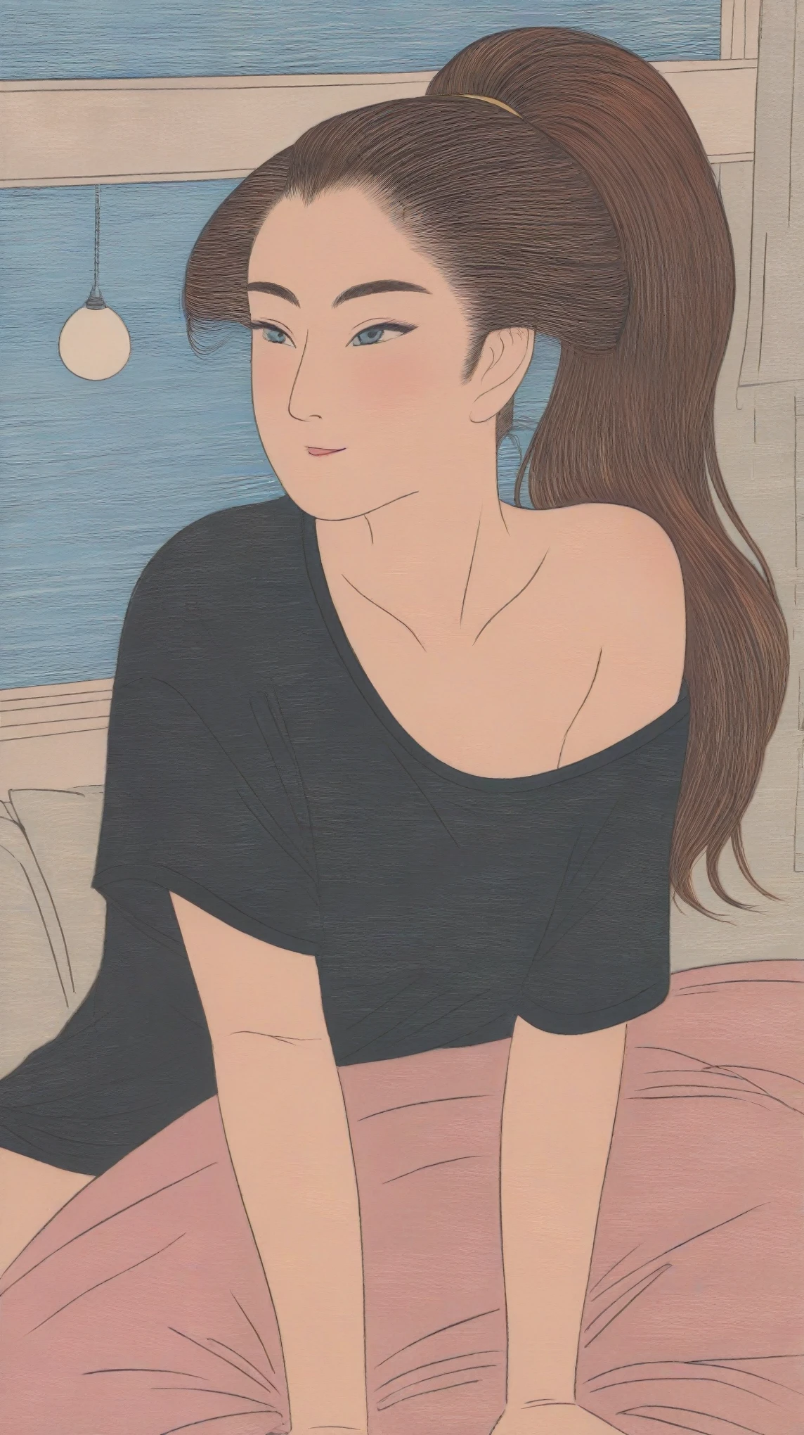( top quality), ( Masterpiece), ( Hi-Res), ( complicated details:0.2),( professional lighting ), room, Detailed Biography, Oversized Black T Shirt , OFF SHOULDER, (Previous View), 1 girl, Alone, ( beautiful face:1.40), slender body, fine skin, smile, long ponytail brown hair, sky blue eyes, (Medium sized beast:1.10), view in viewer ,