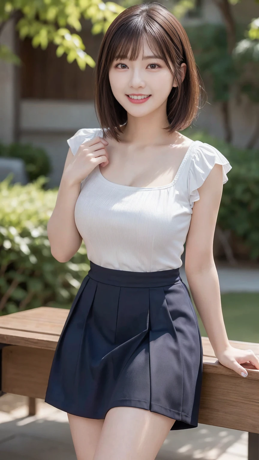 Highest quality, masterpiece, Ultra-high resolution, (Realistic:1.4),Beautiful woman,,((Big Breasts)) , (((Short Bob)))，Beautiful Skin, Fine skin, 魅惑的なsmile, Background blur, smile, skinny, Micro Skirt, (mini skirt:1.2)、Hair over the ears, (完璧なネイビーブルーのニットmini skirtドレス、I can see her cleavage)(((White knee-high boots)))、Cute Japanese Idols, I can see her cleavage) 