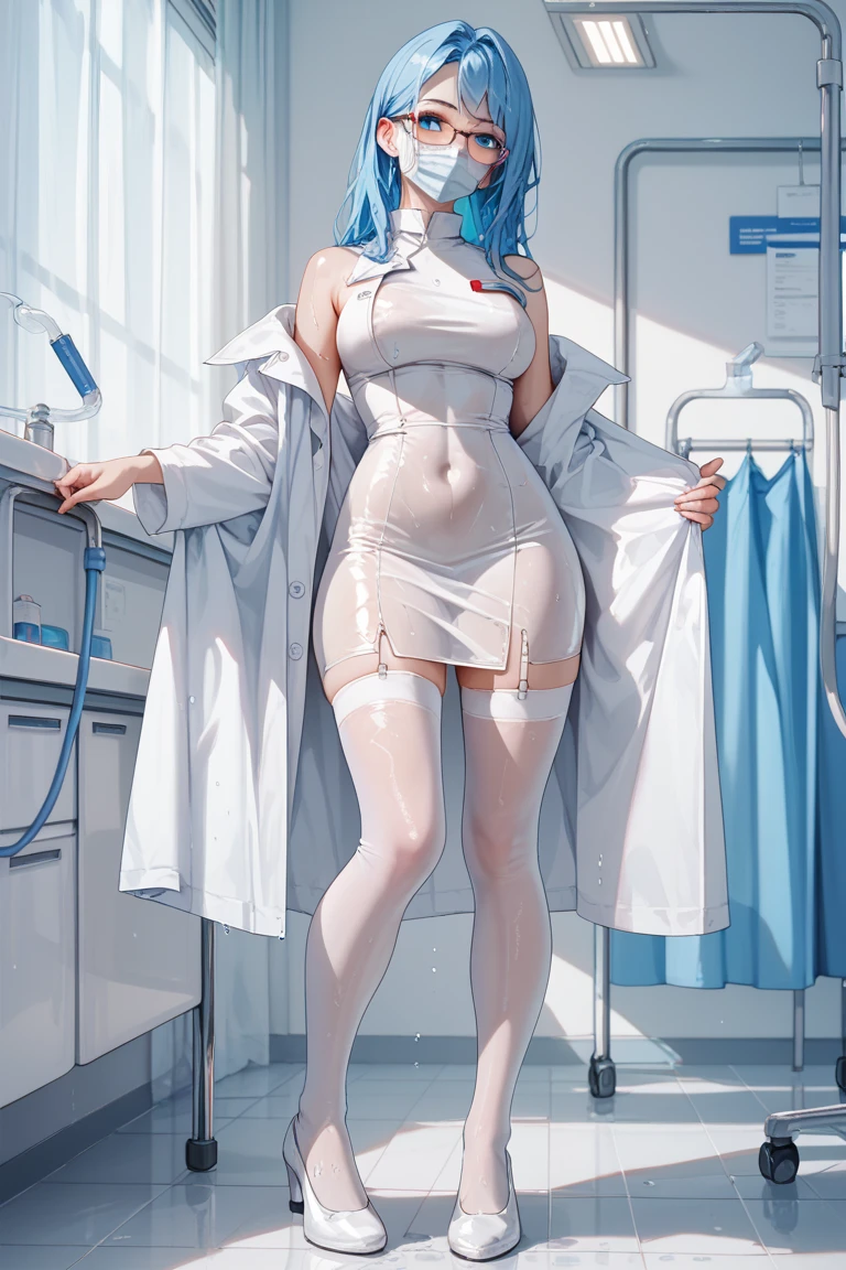 ((1 girl)solamente(18 years old), cuerpo completo(cyberpunk), pechos muy grandes, very large buttocks, Cintura delgada, ojos azules, delineador(rosado), Iris Rosa, negro(corto) cabello, tierno(retorcido) cara, Llevar una Uni blanca, minifalda(blanco y azul), (ropa interior(blanco(transparente))(muy apretado)(mostrando la figura de tu parte privada)), Ropa interior empapada(white liquid), mirando al espectador, The viewer is looking at their underwear, facciones de la cara muy detallados