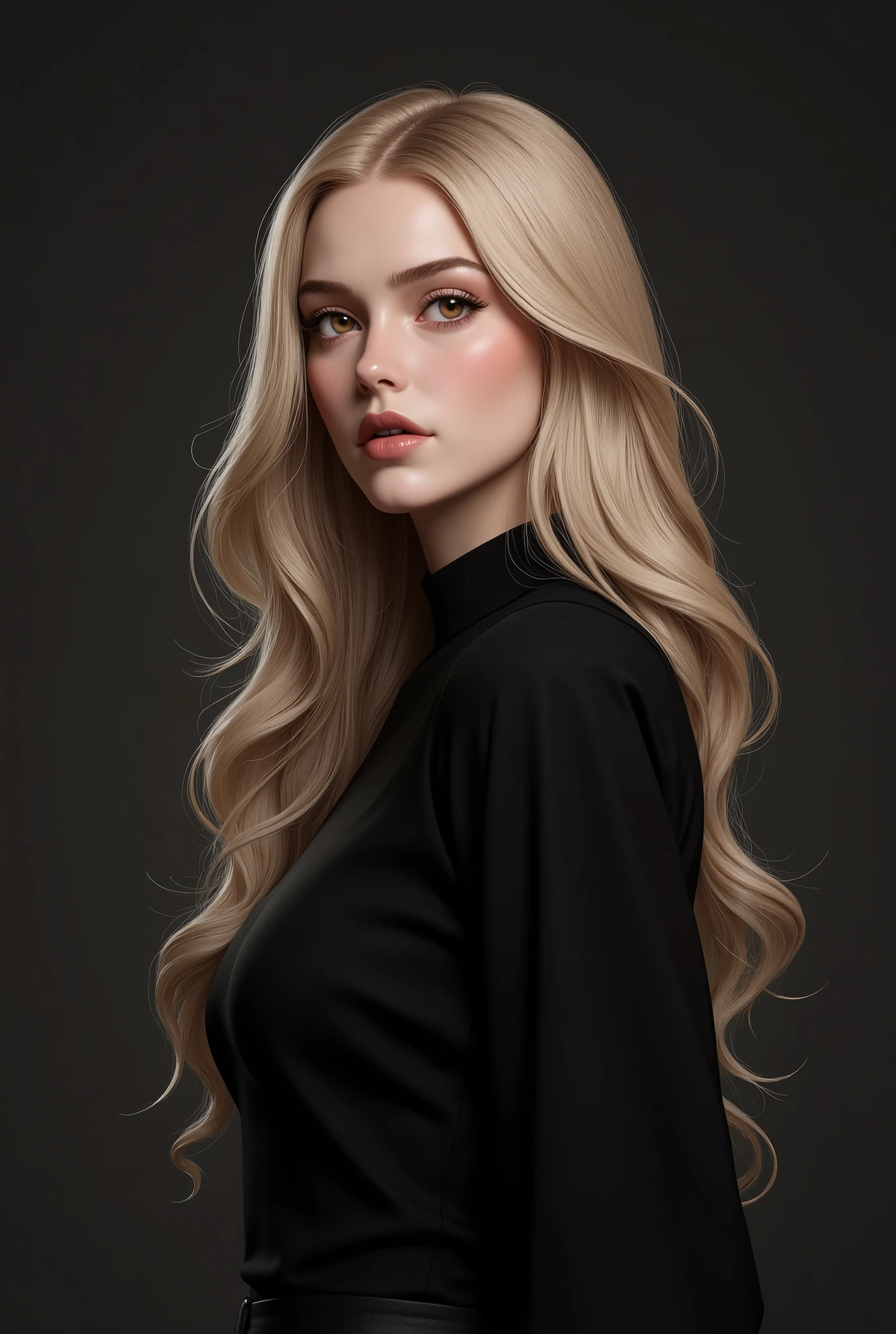 The woman is 25 years old, her eyes are amber, her hair is long, wavy and blonde, she dresses elegantly, her clothes are black, she has a seductive look, her lips are full, she also has a well-defined body.