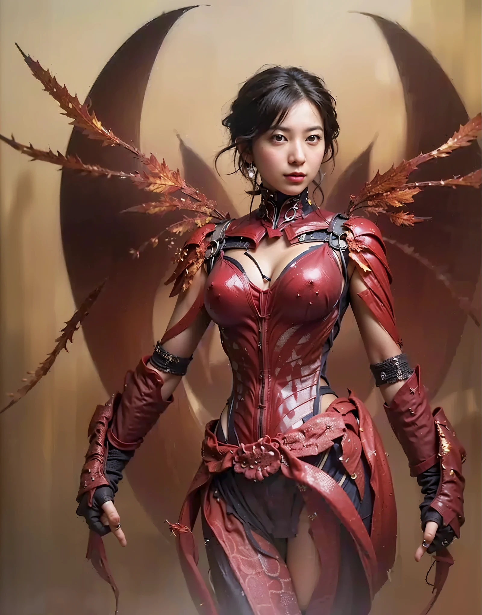 (Completely live action:1.37), (Amazingly realistic textures:1.37), (masterpiece, best quality:1.2), (8k uhd, 16k, 32k, ultra high res), amazingly realistic skin, amazingly realistic photo, superrealism, (photorealistic:1.37), (RAW photo), ultimately realistic, (ultimately realistic all details), (ultimately realistic all textures), super realistic lighting, super realistic shadow, (japanese girl:1.5), ((young face)), smiling, happy, super realistic face, ultimately realistic skin, ultimately realistic eyes, (amazing droopy eye makeup:1.35), ultimately realistic background, ultimately realistic detail up, kkw-ph1, ((amazing droopy eyes, amazingly intricate details, Anatomically perfect hands, Armor made of red insect shell, vivid texture))