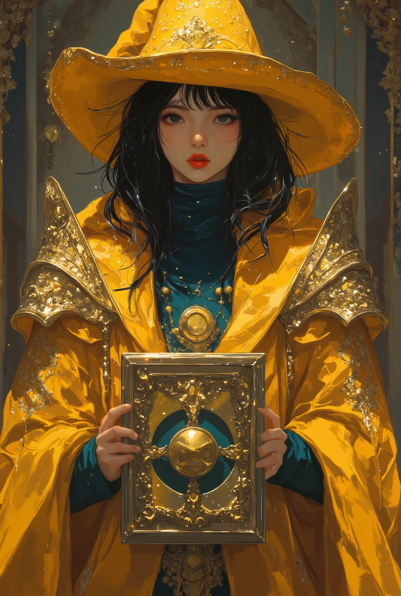 (photorealism:1.2), (photorealism:1.2) (photorealism:1.2),Young, 18 years old cute handsome wizard man, (whole body), dark wavy flowing hair and ((( deep yellow wizard robe and hat))), (((picton blue turtleneck))). holding a medium cube box with handle, with glemering golden sun logo. super shiny cube boxl with combat pose, wearing hyper illuminated sholders armor, with lights between the metal parts of the armor.