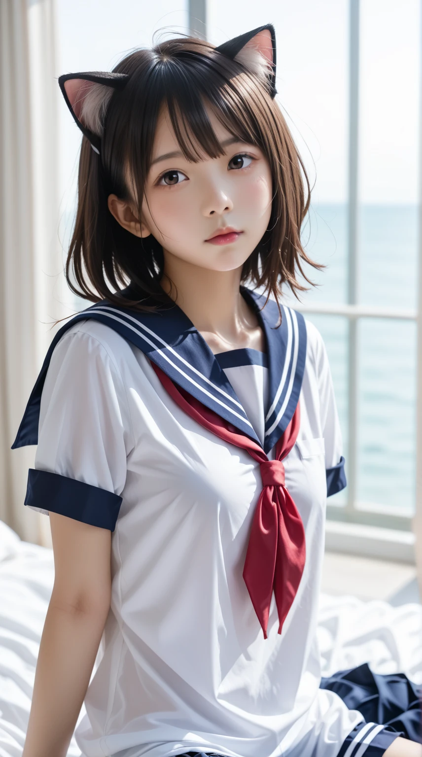 ((White short sleevesセーラー服、女子White short sleeves水兵服))、((Summer clothes、White short sleeves、(Navy Blue:1.1)、Pleated mini skirt、Red ribbon)、I can see your belly button))、1 girl、21 years old、Tight Abs、Slim body、masterpiece:1.3、Highest quality、Raw photo、Bob Hair、Brown Hair、Big Breasts、