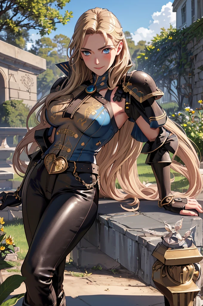 (8k, raw photo, Best Quality, maestro:1.2), (anime photo-anime:1.37), ultra detailed, 1 girl, Beautiful, Alone, Gorgeous detailed blue sky with fluffy clouds, (blush), (whole body: 1.1), (smile: 1.1), (shut up), big breasts, Beautiful and delicate blue eyes, (heavy metal armor with intricate engravings of leaves and flowers : 1.1), Golden metal pieces covering her shoulders and arms, Dark brown leather belt with metal buckles, tight leather pants, Brown leather boots, A cross adorns her chest, (long blonde hair: 1.2), flowing hair, high contrast, Proporciones de whole body, (astride, stretch the legs, thin legs), Chest closeup, full color