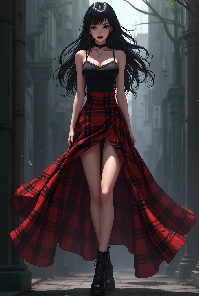 beautiful adult anime woman, fit, very long wavy jet black hair, red bodysuit, black pleated skirt, stiletto heels, waiting outside store, cloudy day