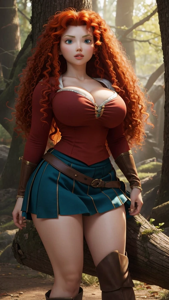 masterpiece, best quality, expressive eyes, perfect face, big eyes, looking at viewer, large breast, big breast, small waist, , Best Quality, Realistic, perfect figure, highly detailed, showing cleavage, dressed as merida from brave, Red curly hair, big hair, blue eyes, Green outfit, in the forest, bow and arrow, detailed dress, freckles on her face, cheek blush, big puffy hair, very curly hair, castle in the bakcground, wearing a green cape, large nipples