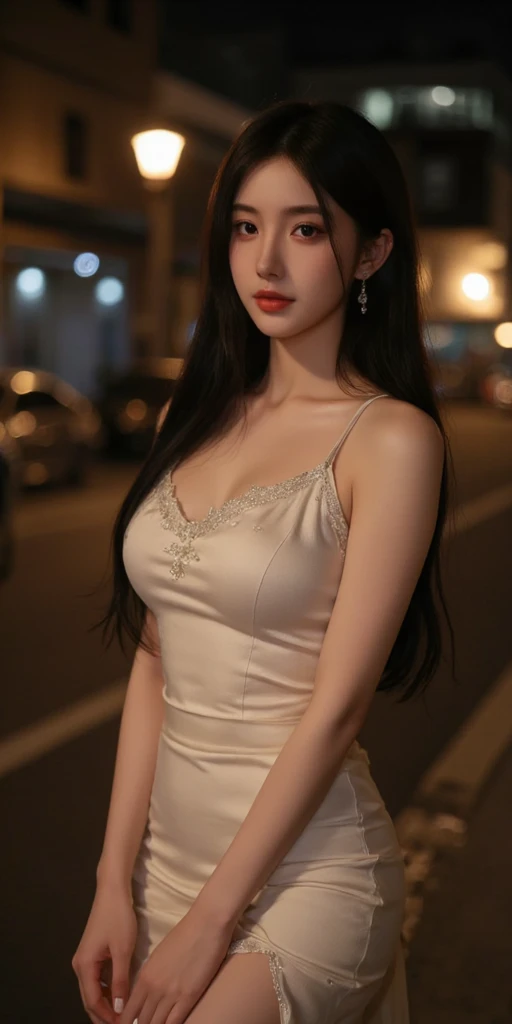 Ultra-high resolution,On the table,best quality, ,Perfect glowing skin,Perfect lighting,Detailed lighting,Dramatic shadows,Ray Tracing, 1 Girl,Upper Body,Wet white sweater, Looking at the audience, Off-shoulder, Large Breasts, Cleavage exposed, blue eyes, Pointed face, Sharp eyes,  Cyberpunk,long dress,bare shoulders, ((knee shot)), 8k, masterpiece, original photo, best quality, detail:1.2), ((Shoot at random angles)), lifelike, Extremely detailed CG unified 8k wallpapers, depth of field, film light, lens flare, Ray tracing, (extremely beautiful face, beautiful lips, beautiful eyes), intricate detail face, ((ultra detailed skin)) 1 girl, in the darkness, deep shadow, Beautiful Korean girl, kpop idol,(Very slim and slender figure:1.3), A plump chest, (bright smile), (City night, (neon sign), (night), Beautiful Korean girl, white diamond earrings, Diameter bracelet, Dia necklace, pantyhose, clear eyes, walk, (big eyes), ((Lace's))