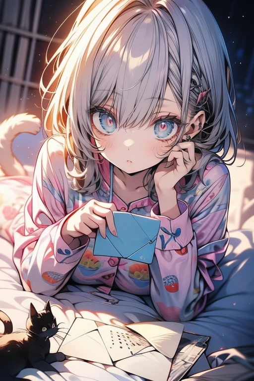 's greatest masterpiece、 's greatest masterpiece、8k、 anatomically correct、 The Cutest Beautiful Girl in the World 、 Detailed and clear face and eyes 、smile、 cute cat pattern pajamas、Lie down on a big bed、Faint lighting、 cheeks、 love letter