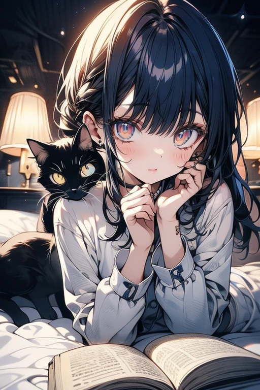 's greatest masterpiece、 's greatest masterpiece、8k、 anatomically correct、 The Cutest Beautiful Girl in the World 、 Detailed and clear face and eyes 、smile、 cute cat pattern pajamas、Lie down on a big bed、Faint lighting、 cheeks、 love letter